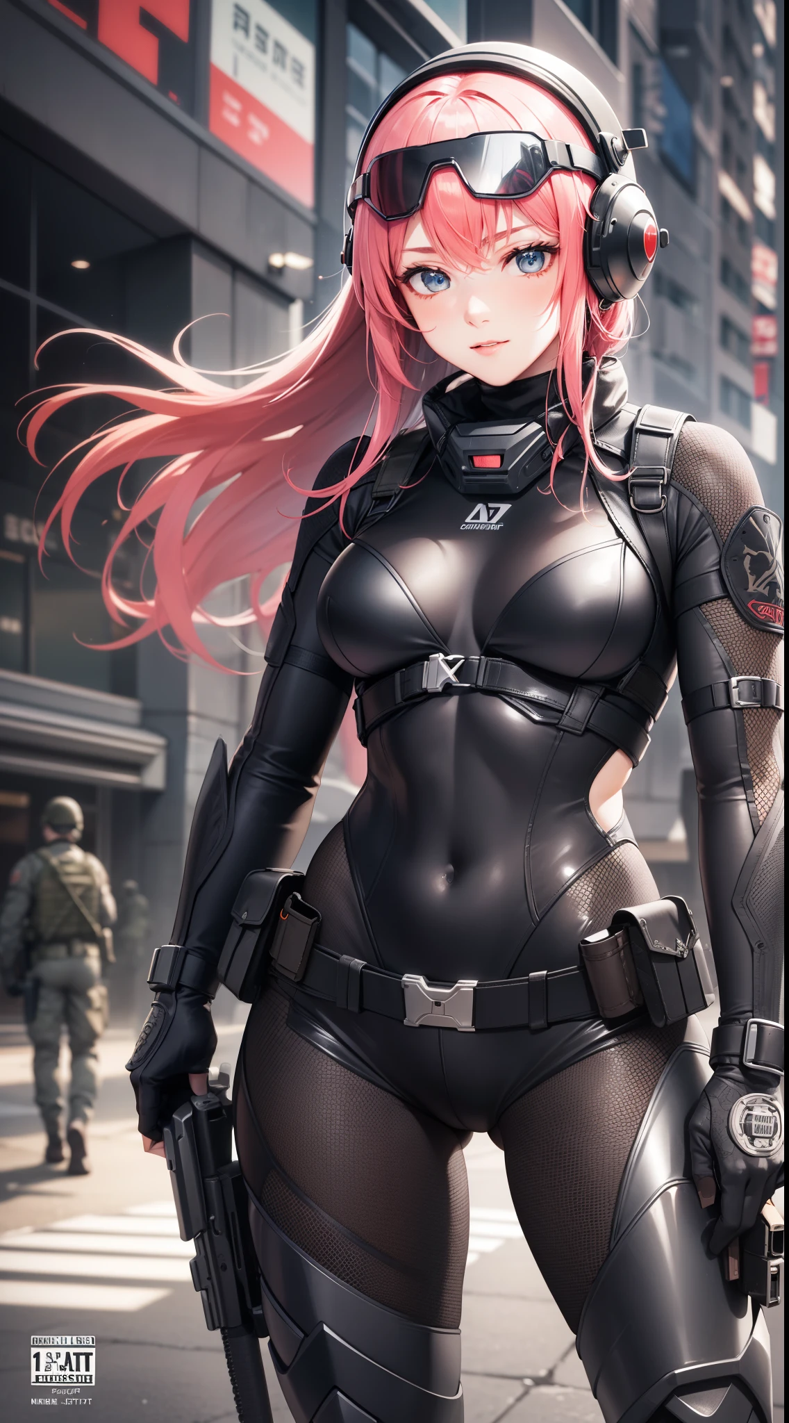 style of metal gear solid, (detailed intricate full cover tactical helmet:1.3), (pink hair), cowboy shot, dynamic pose, 1girl, solo, ray tracing, (masterpiece), (best quality), (detailed), (detailed tactical gear:1.1), (body armor:1.1), combat pants, gloves, (intricate background:1.1), 