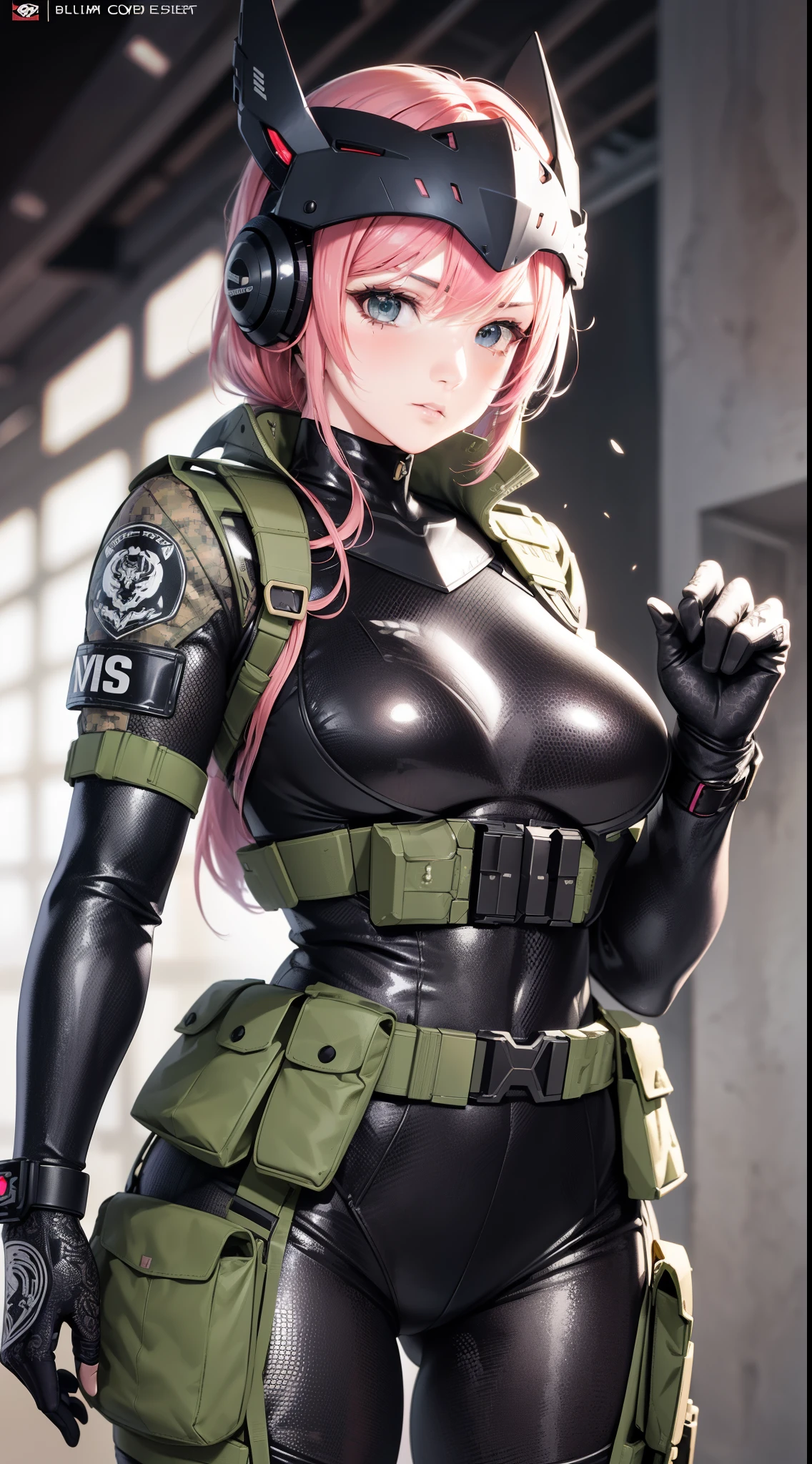 style of metal gear solid, (detailed intricate full cover tactical helmet:1.3), (pink hair), cowboy shot, dynamic pose, 1girl, solo, ray tracing, (masterpiece), (best quality), (detailed), (detailed tactical gear:1.1), (body armor:1.1), combat pants, gloves, (intricate background:1.1), 