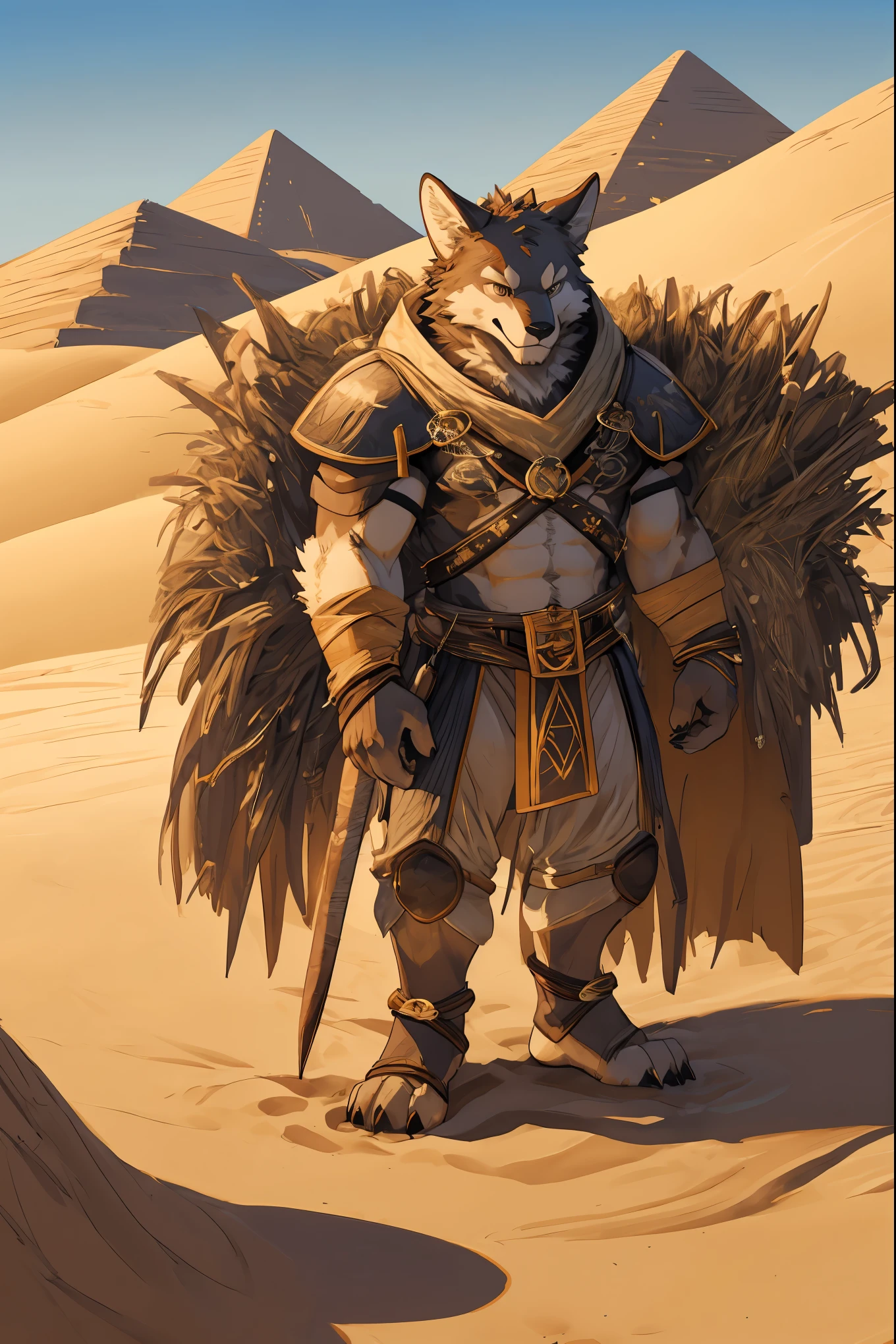 cover page, High-quality illustrations, masterpiece, super high resolution, detailed background, desert, sand dunes, pyramid, Traditional costumes, Happy, joyful, absurdres(Travel photos of a two-person trip)perfect anatomy(kemono, furry anthro)cinematic lighting, beautiful shadow,