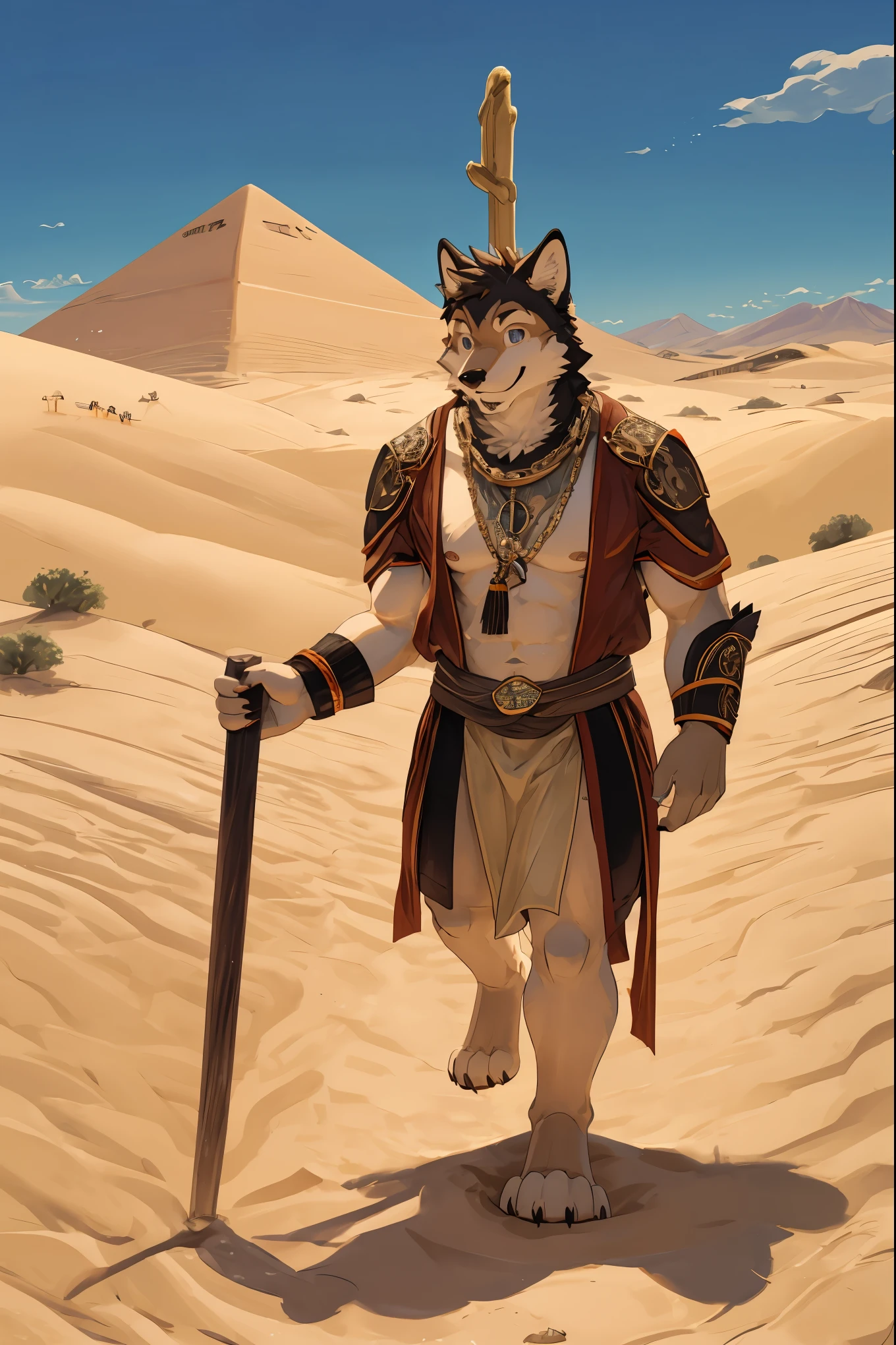 cover page, High-quality illustrations, masterpiece, super high resolution, detailed background, desert, sand dunes, pyramid, Traditional costumes, Happy, joyful, absurdres(Travel photos of a two-person trip)perfect anatomy(kemono, furry anthro)cinematic lighting, beautiful shadow,