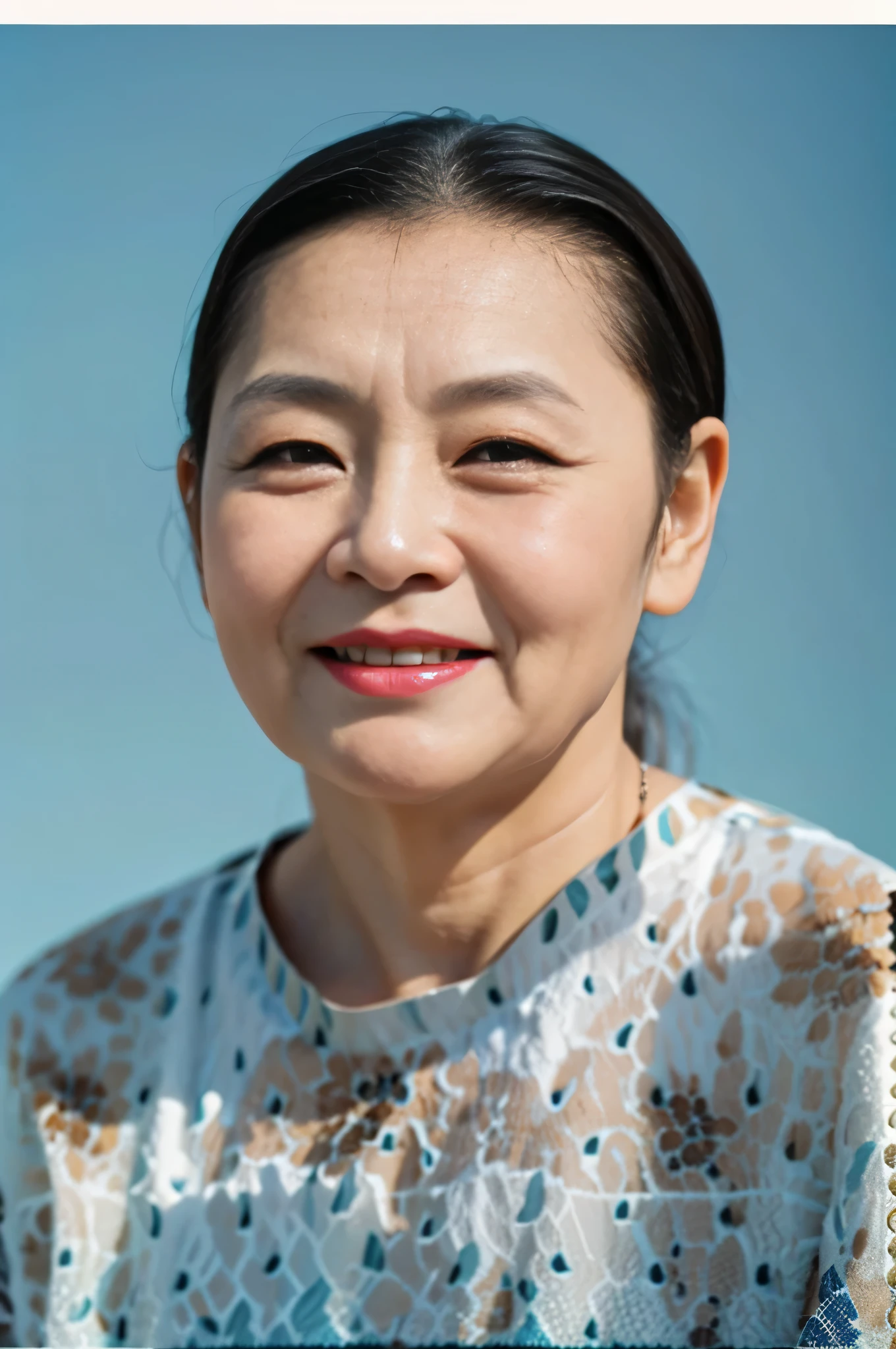 Highly realistic photo, ((masterpiece), (best quality), (raw photo), (photorealistic:1.4), Portrait of Vietnamese old woman, (70 years old), ((black hair)), ((wearing a light brown shirt)), ((light blue background)) , photo taken by Sony A7IV
