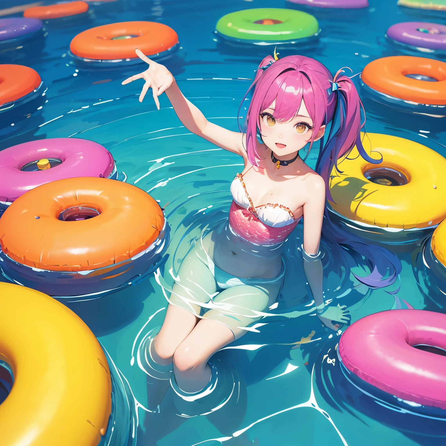 8K,gal,an extremely delicate and beautiful,Beautiful and realistic skin,Shiny jewel-like earrings,Shine like glitter long colorful hair,beautiful eyes,bikini,beautiful pool,slide down the waterslide,glitter background,full body