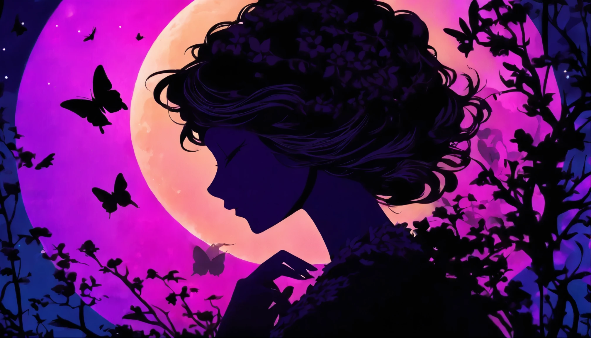 (silhouette art,Cutout:1.6) (((Paper cutting art,A world where only black exists:1.3) ,(witch hat),1 girl,alone, (profile:1.2),white, Clean and beautiful face,15 nights、lappland、Mochi break (Light blue moon) textured glass background,Arcana World,pink butterfly々,purple,