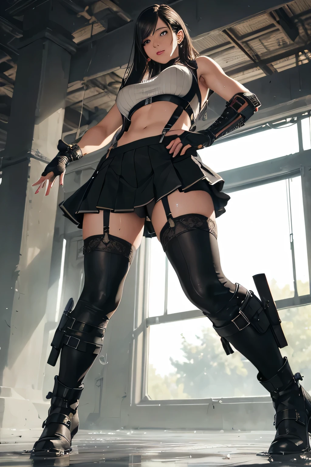 Realistic rendering in Unreal Engine 5, (masterpiece, highest quality), intricate details, (highest quality)), ((masterpiece)), ((realistic)), (hyper realism:1.2), (fractal art:1.2),
1 girl, 7r tifa, crop top, arm guard, fingerless gloves, suspenders, pleated mini skirt, black stockings, Highly detailed eyes on red boots, colorful, most detailed,
bright colors, high contrast,
(8k UHD:1.2), (photorealistic:1.2), beautiful face, top body is hyper realistic thicc muscle and hyper largest_chest!! Elon'type, There'big ass below, wet and shiny body,intense sex