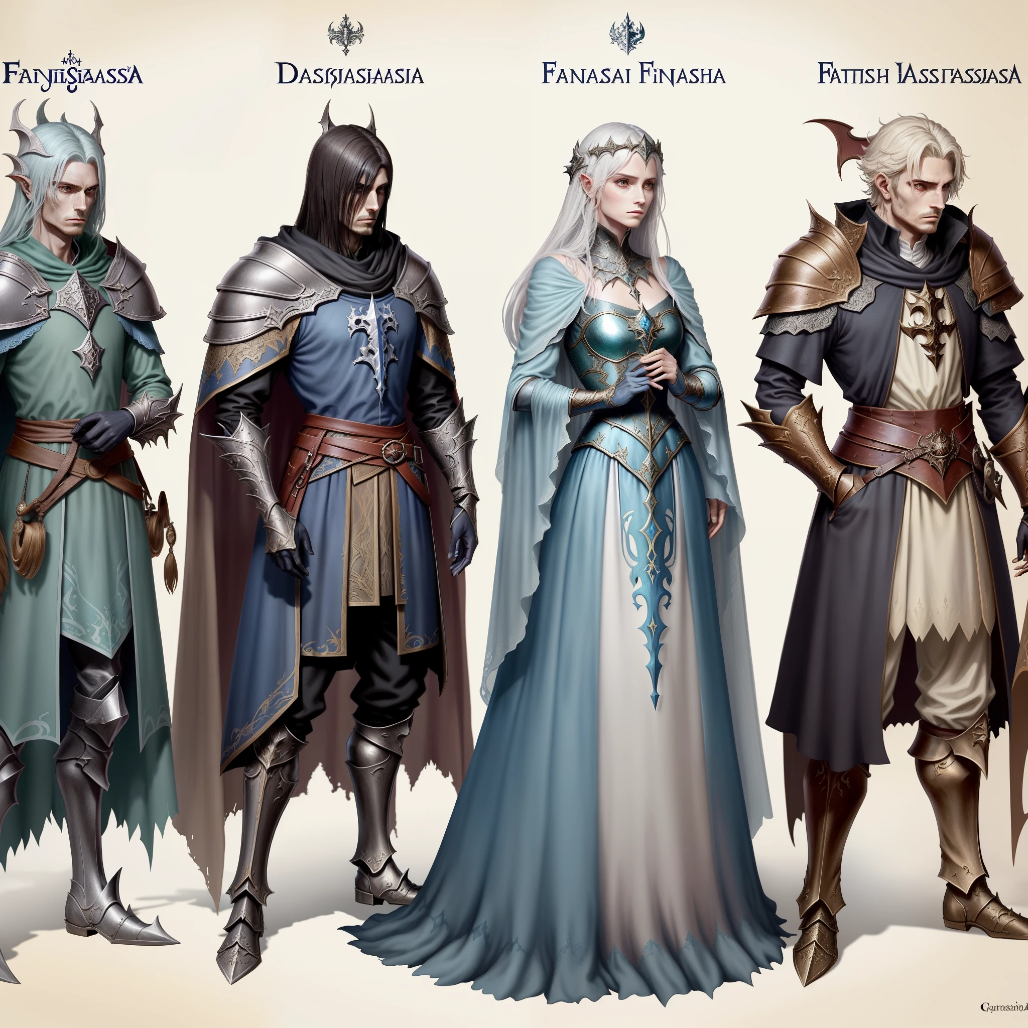 um close de um grupo de pessoas vestidas com roupas medievais, desenhos de fantasia medieval, high arte conceitual de fantasia, arte conceitual medieval, estudo detalhado de personagens de fantasia, arte de jogo de fantasia medieval, Arte de personagens de fantasia, fantasia medieval, Design de personagens de fantasia, epic Arte de personagens de fantasia, personagens de fantasia, arte conceitual de fantasia, arte de fantasia medieval, bela arte conceitual de corpo inteiro, flowing robes and leather armor