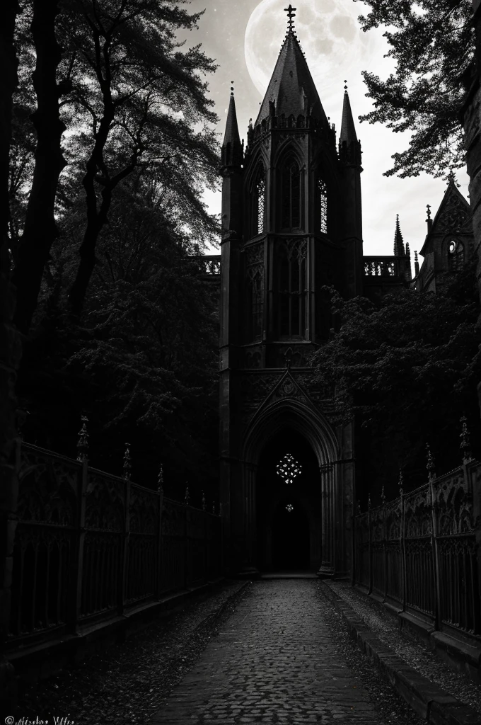 (best quality,4k,8k,highres,masterpiece:1.2),ultra-detailed,(realistic,photorealistic,photo-realistic:1.37),gothic aesthetic,moonlight,ancient architecture,dark mysterious atmosphere,candlelight,detailed stained glass,gothic fashion,medieval city,ethereal,black and white,gothic jewelry,dramatic shadows,cobblestone streets,mysterious fog,tall spires,symbolism,ornate details,macabre,hauntingly beautiful,gothic literature,moonlit sky,gothic romance,secret passageways,enchanted forest,majestic castle,dark corridors,gothic music,ivy-covered walls,ravens,moonlit graveyard,victorian era,ethereal beauty,monochrome,gothic sculpture,gloomy atmosphere,vampire,filigree,gothic poetry