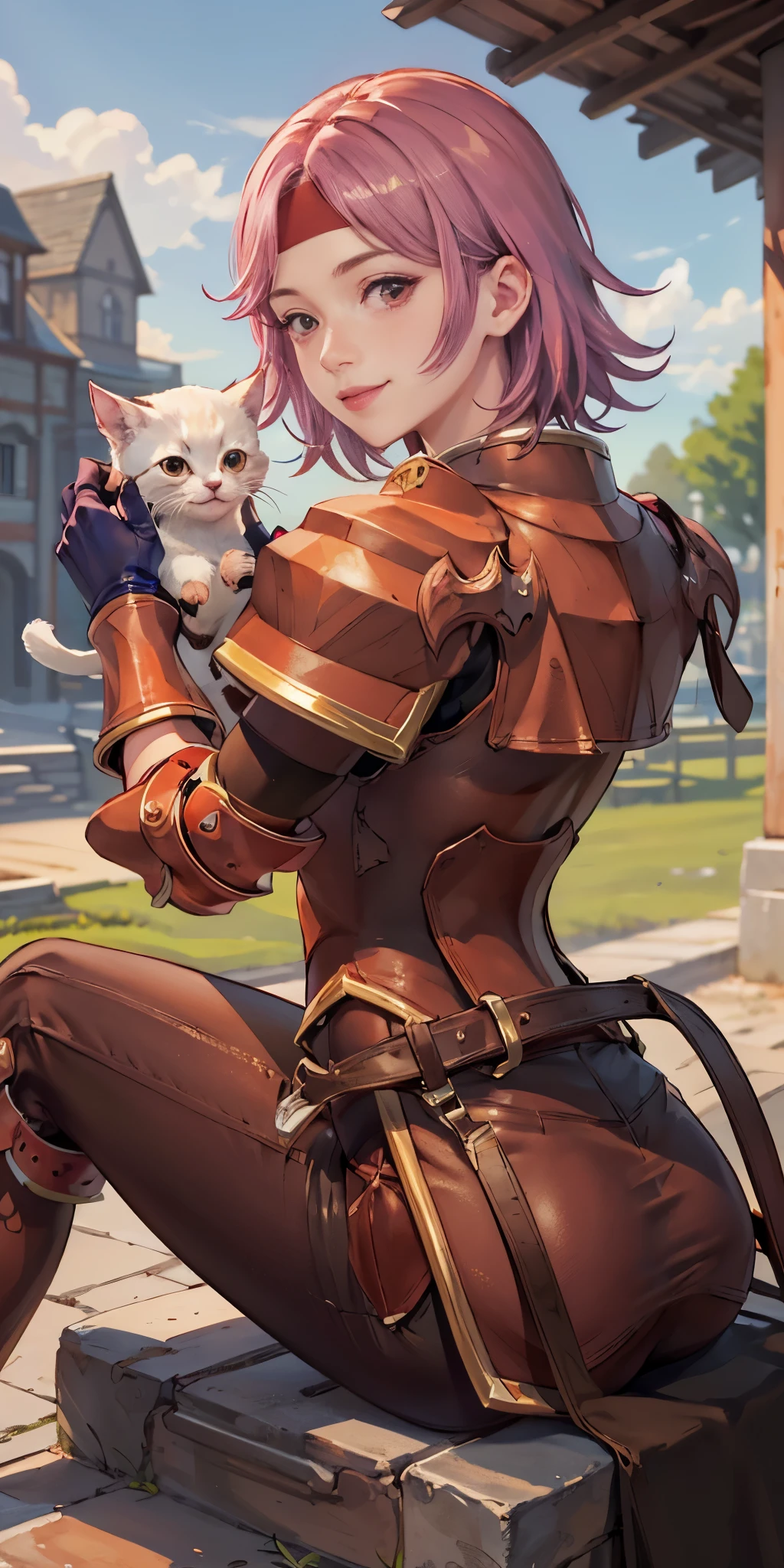 Sitting, pretending to hold a small kitten,from behind,gwendolyn,smile,,headband, armor,  breastplate, pants,, gloves, pauldrons, gauntlets, looking at viewer, shoulder armor,outdoors,cattle,(masterpiece, best quality, ultra-detailed, best shadow)