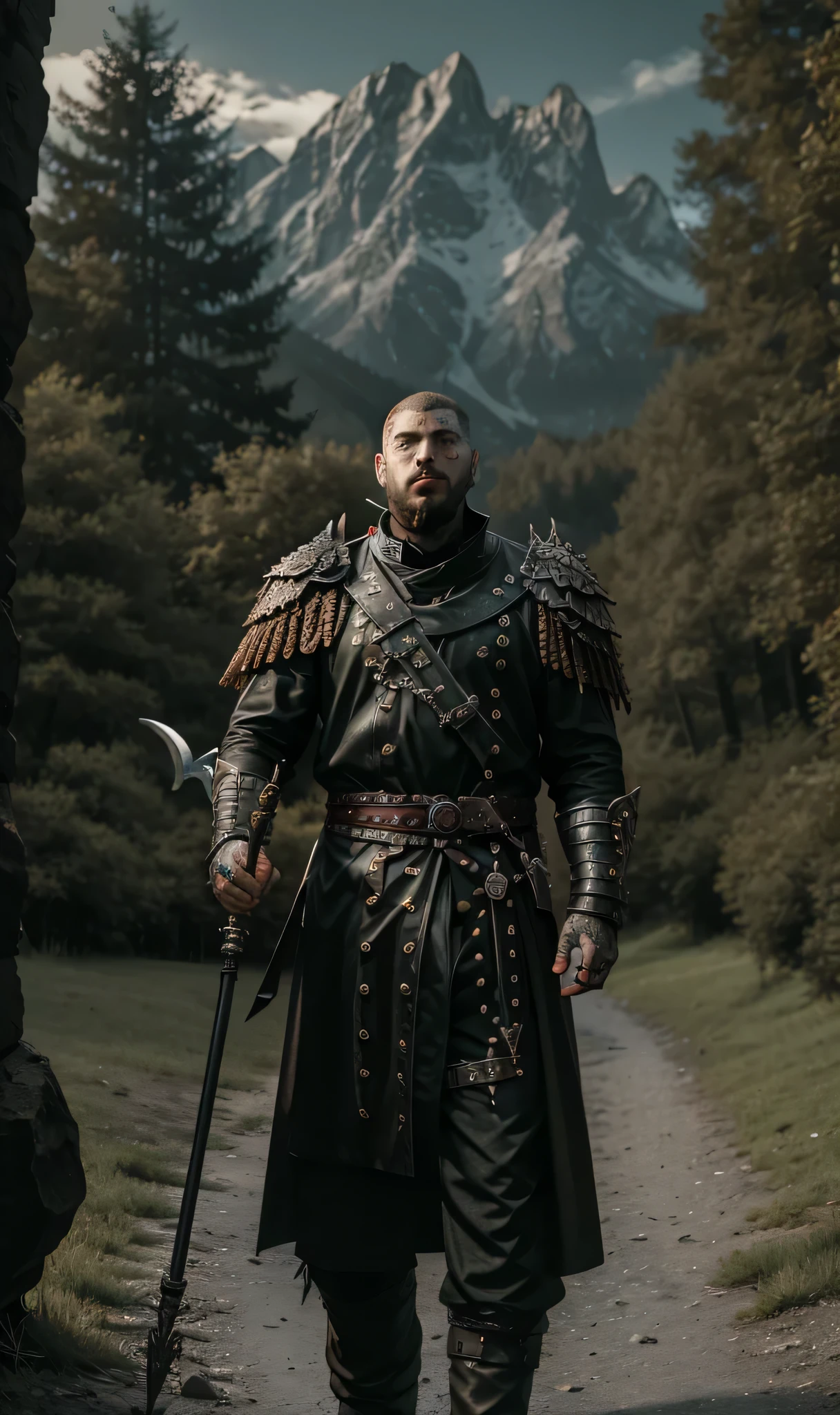 postym2023, als dunkler Zauberer, Male focus, braune Haare, tattoo, face tattoo, Grills, Silberzahn, kurzes Haar, Buzz Schnitt, Kopftakt,  8k, uhd, best quality, RTX an, Unreal Engine 5, dramatische Beleuchtung, Piercings, Actionaufnahme, holds epic staff, langer Stab, Magic the Gathering, Nacht, outside, Fantasieschloss, Drache im Hintergrund, depth of field, epische Fantasie, gepanzerte Roben, magische Kraft,