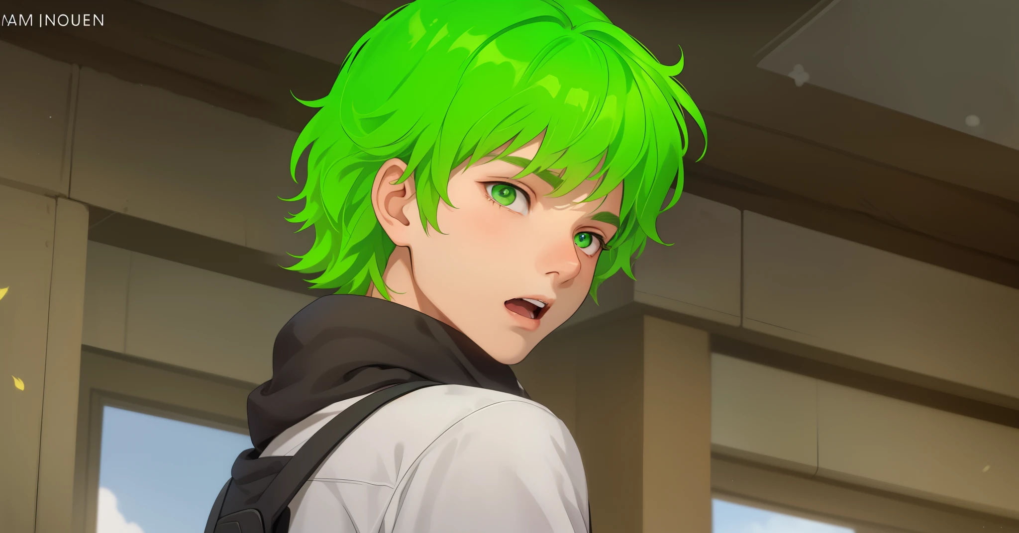 There is a cute boy, 17 years old, with green eyes and hair, 18 years old male, he is talking, he opens his mouth, he rejects someone.
