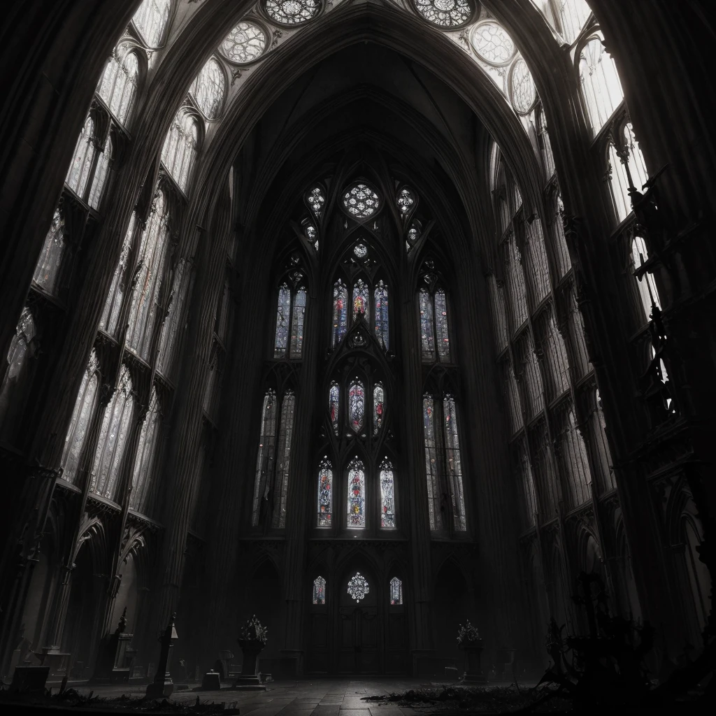 (best quality,4k,8k,highres,masterpiece:1.2),ultra-detailed,(realistic,photorealistic,photo-realistic:1.37),dark gothic aesthetic,dramatic lighting,gorgeous architecture,ornate design elements,haunting atmosphere,mysterious shadows,gloomy atmosphere,candlelight,chiaroscuro,ominous atmosphere,black and white color palette,victorian style,gothic arches,sharp gothic angles,dramatic gothic windows,gargoyles and grotesques,delicate lace details,majestic gothic cathedral,moonlit graveyard,long shadows,melancholic mood,thick fog,hints of decay,twisted trees,sinister beauty.