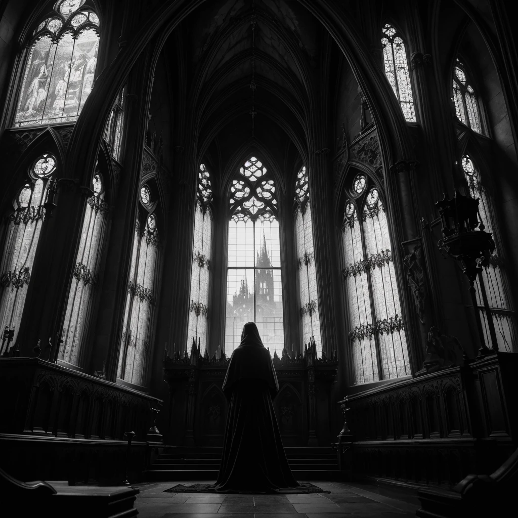 (best quality,4k,8k,highres,masterpiece:1.2),ultra-detailed,(realistic,photorealistic,photo-realistic:1.37),dark gothic aesthetic,dramatic lighting,gorgeous architecture,ornate design elements,haunting atmosphere,mysterious shadows,gloomy atmosphere,candlelight,chiaroscuro,ominous atmosphere,black and white color palette,victorian style,gothic arches,sharp gothic angles,dramatic gothic windows,gargoyles and grotesques,delicate lace details,majestic gothic cathedral,moonlit graveyard,long shadows,melancholic mood,thick fog,hints of decay,twisted trees,sinister beauty.