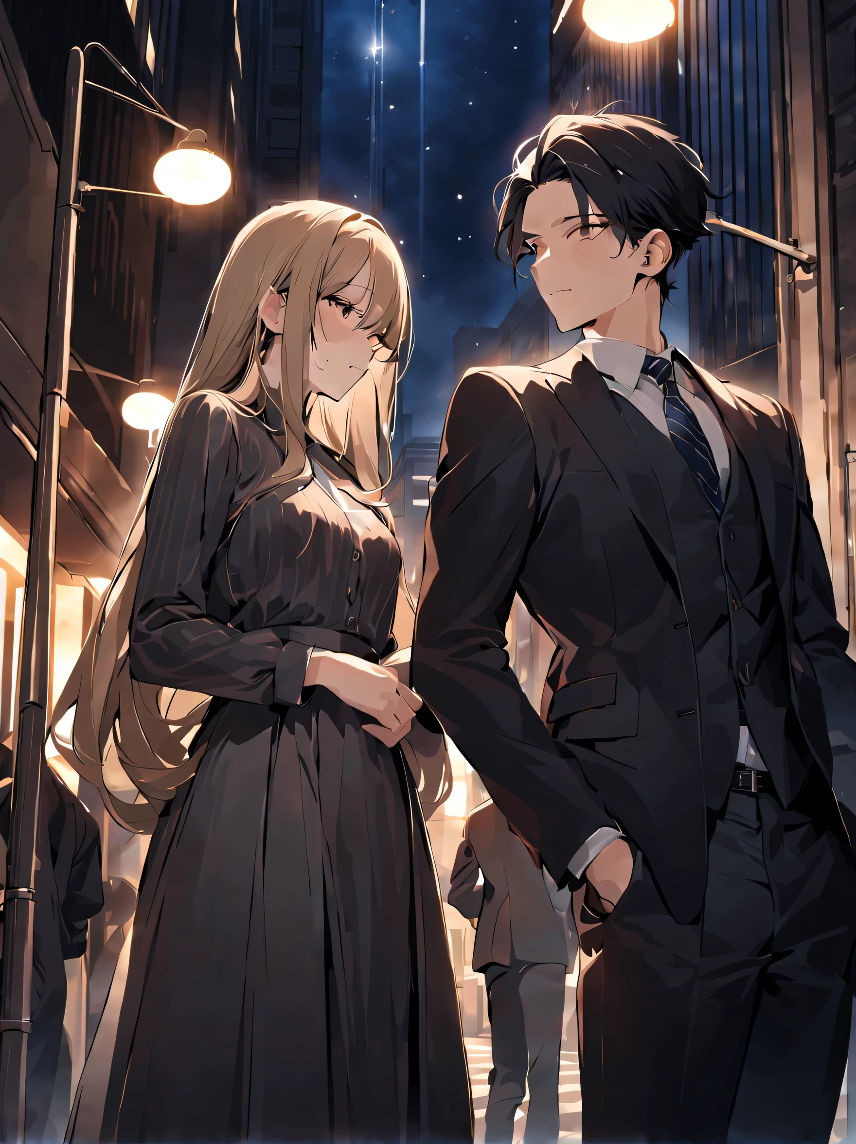 masterpiece, best quality, On a peaceful night，Under the street lights under high-rise buildings，There are two lovers，23 year old male, Height 170 cm, wearing black suit，23 year old female, Height 160 cm, Wear work clothes，Male hand lifts chin and stares deeply，The shadows behind them reflect their high school silhouettes