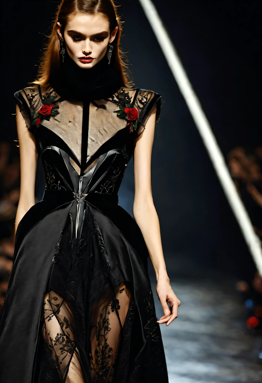 gothic art style,Alberto Seviso style, beautiful details,(Paris fashion show),beautiful model,,Dream,Use glow photography style, collar,reveal without revealing,curve,纵向Slender,Gorgeous,Black色丝绒 廓形:Fitted and tight,Acute triangle,straight line,streamline,shoulder color:Black,Red Navy,dark,dark green,Various solid color fabrics:velvet,satin,lace,net,PVC,eraser,leather pattern:cross,lace,badge,rose towering,Slender,华丽curve,Religious elements。reveal without revealing,sharp corner shape,