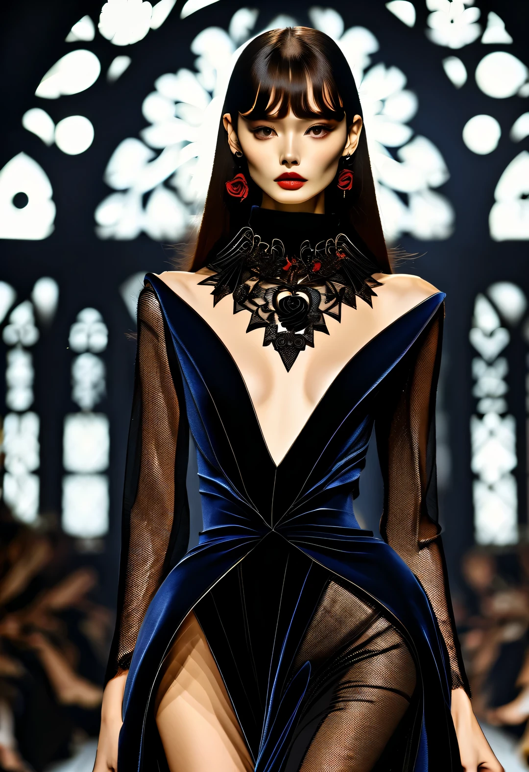 gothic art style, （Paris fashion show），Beautiful and detailed，Alberto Seviso style, beautiful details，，beautiful model，，Dream，Use glow photography style， collar，reveal without revealing，curve，纵向Slender，Gorgeous，Black色丝绒 廓形：Fitted and tight，Acute triangle，straight line，streamline，shoulder color：Black，Red Navy，dark，dark green，Various solid color fabrics：velvet，satin，lace，net，PVC,eraser，leather pattern：cross，lace，badge，rose towering，Slender，华丽curve，Religious elements。reveal without revealing，sharp corner shape，