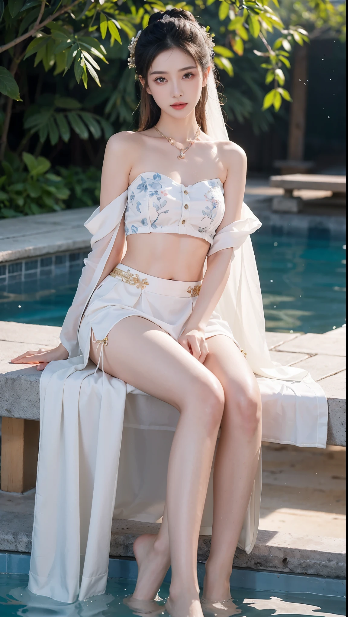 best picture quality，extremely high resolution，Very detailed，stunning girl，sitting in the pool，long eyelashes，big eyes，shining eyes，lying silkworm，plump lips，small nose，a happy expression，Sweet，Exquisite makeup，full-body shot，snow white skin，slim figure，take off shoulders，clavicle，abdomenband，abdomen，abdomen button，Slender white legs，White and tender skin，White embroidered mini skirt，necklace，Showing thighs，lace，Sweet，long hair flying，best quality，masterpiece，full-body shot，facial focus，slim figure，细腰白色abdomenband，imagine，full-body shot
Model: Hanfu, CFG scale: 7, Hire high-end people: 1.5, lola: future fashion(0.4)、neon(0.4)、martial arts(0.8)、Asian Face Girls-2(0.4)、poetic fairy tale(0.01)