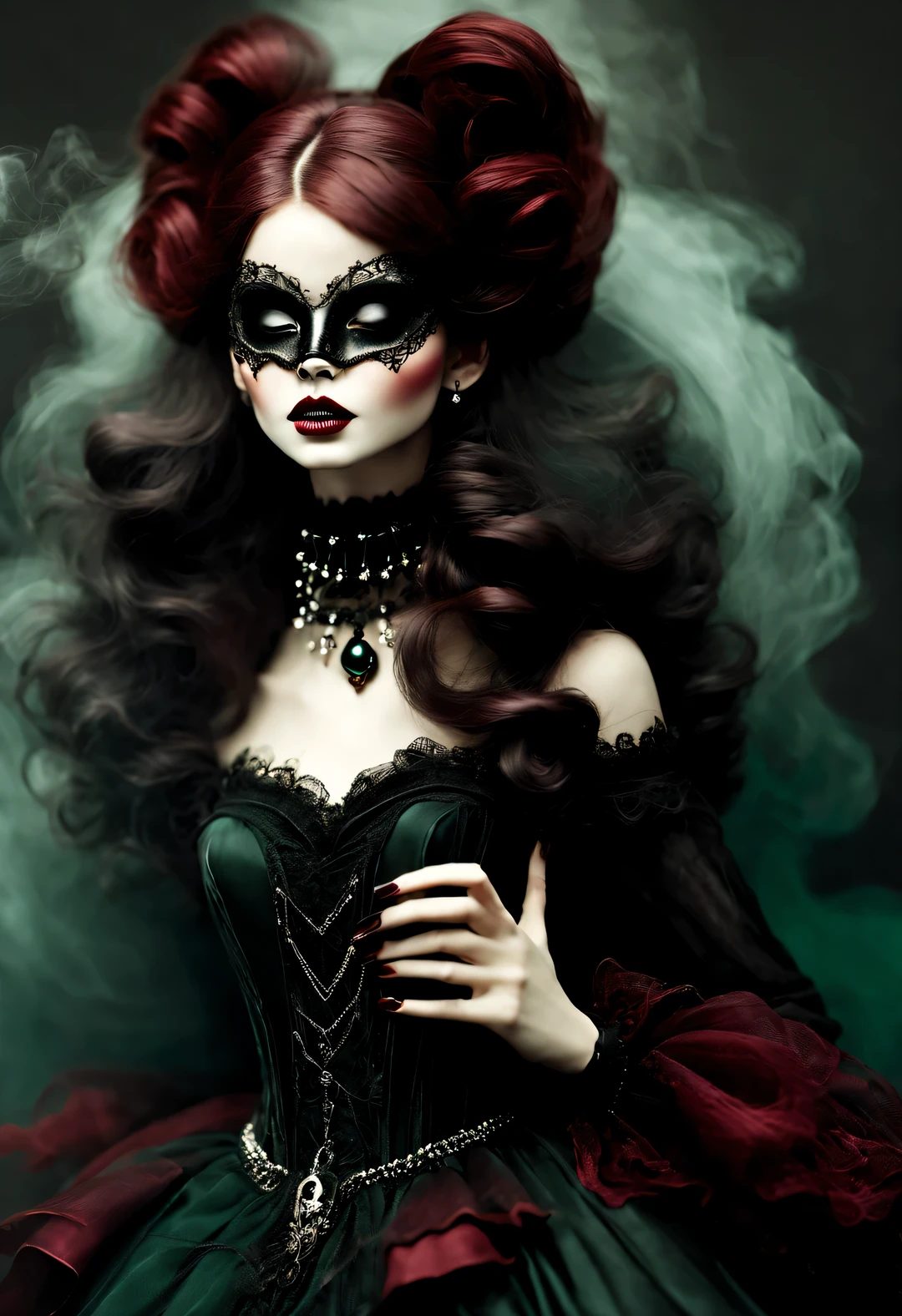 A woman with waist-length black hair with red highlights. A black crown with red flowers and a large black veil behind, a black goddess dress, a golden anklet on each foot, a choker, white eyes covered by black lace, full mouth in a cinnamon tone.