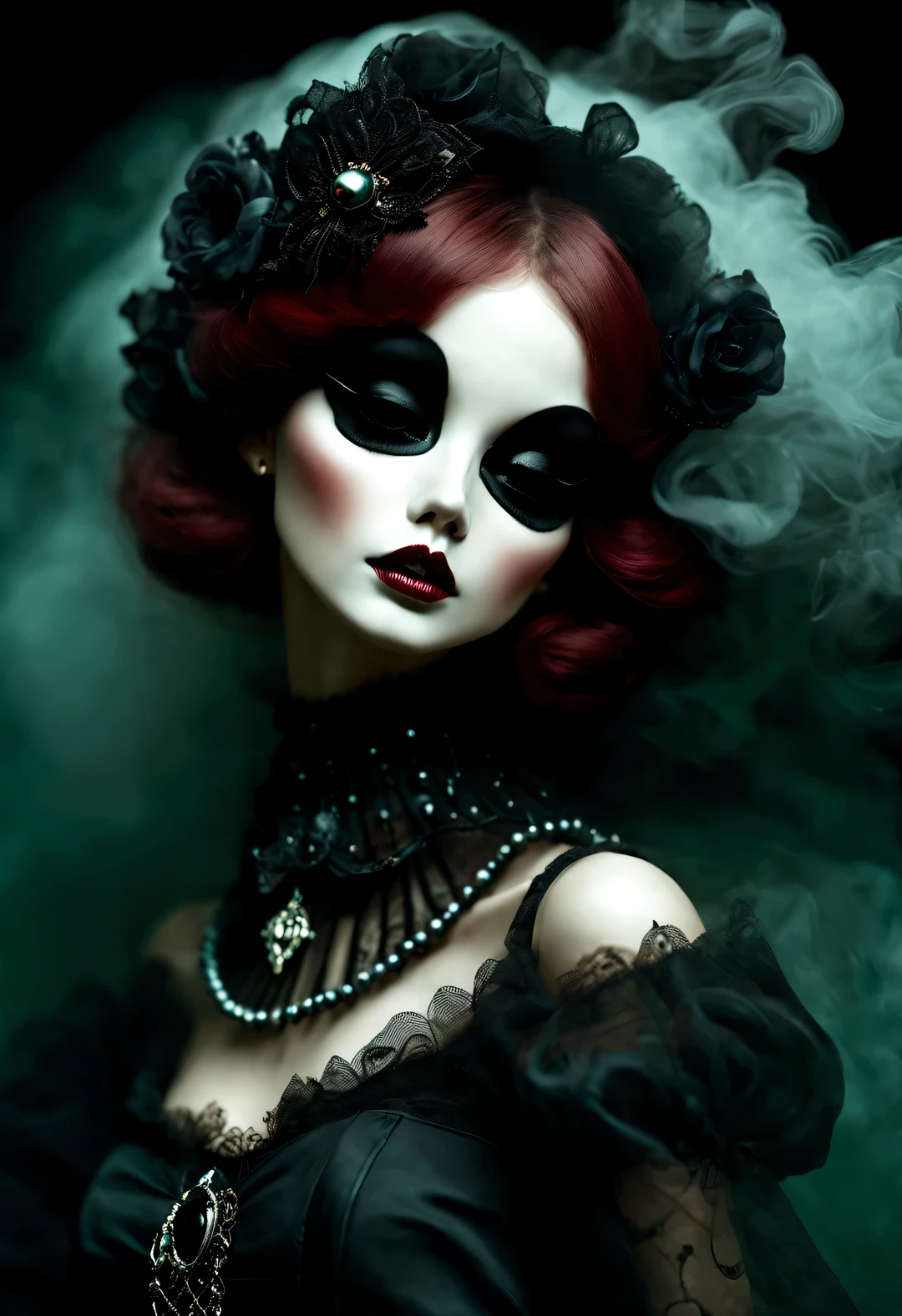 gothic dark art，Dream，（Beautiful model doll&#39;s masked face photo only one），Gothic makeup，（Smoke is floating on the face：0.65），dark red hair，dark green，rococo style，black pearl jewelry，simple white background，
