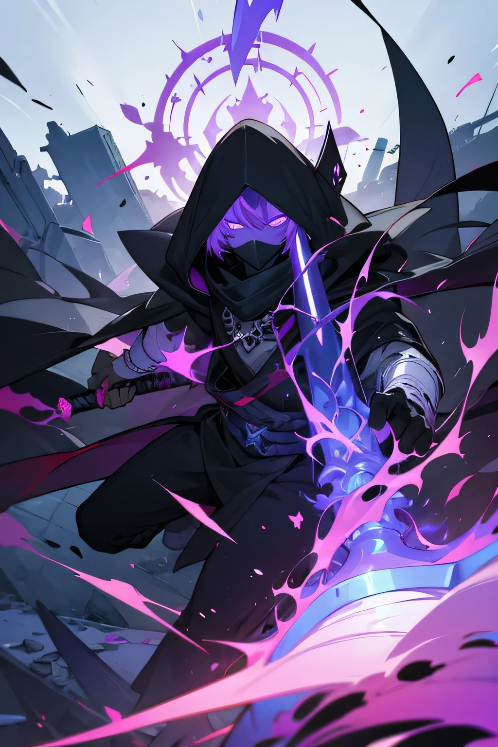 destruction scene,Man of black mystery.White Mask, In the center of Hevean. Sword, Terrible aura, Where.destruction scene, Dark energy