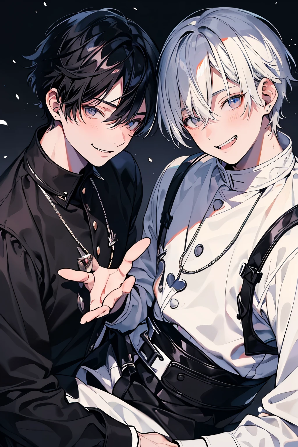 (muste piece), (best quality), very detailed, ((two friendly men)), perfect face, beautiful face, very detailed face,(black haired man:1.3),(white haired man:1.3),laugh together