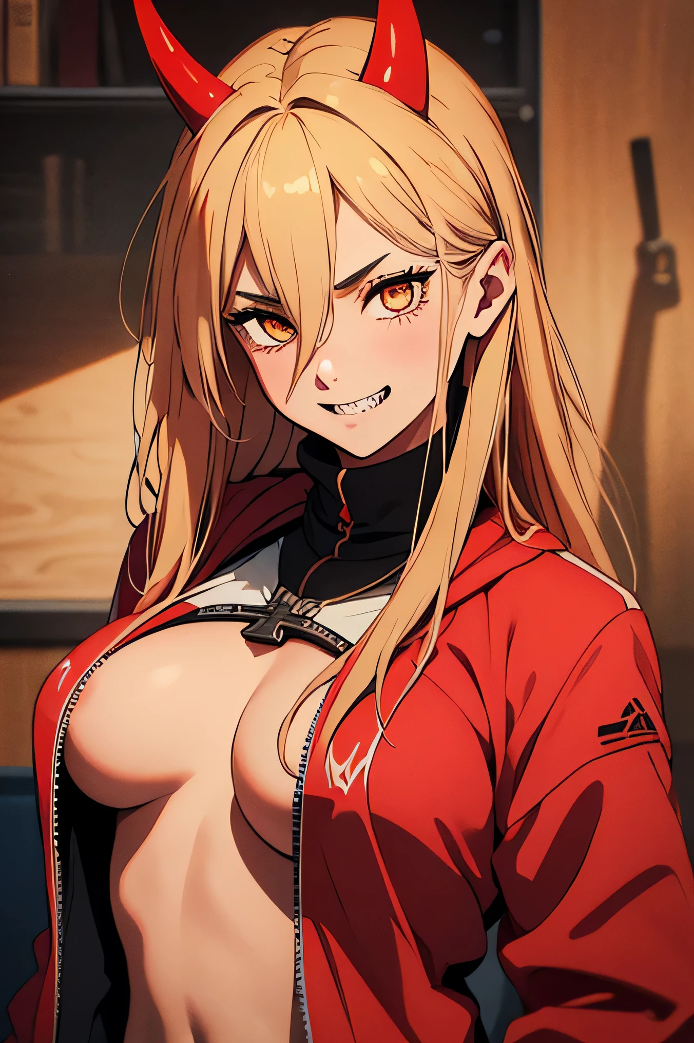 tmasterpiece, (Sharp teeth:1.1),(Ultra detailed backgrounds, delicate patterns, Complicated details, highly detailed, finely detailled), Best quality at best, strength, 1girll, banya, solo, teeth, Mischievous,A mischievous smile,dentes pontiagudos, cross-shaped pupils, long whitr hair, Yellow eyes, ((blond hairbl, little breast)), Red horn, jaket, (complex detailed background), (((cross-shaped pupils, pupils in symbol shapes)))