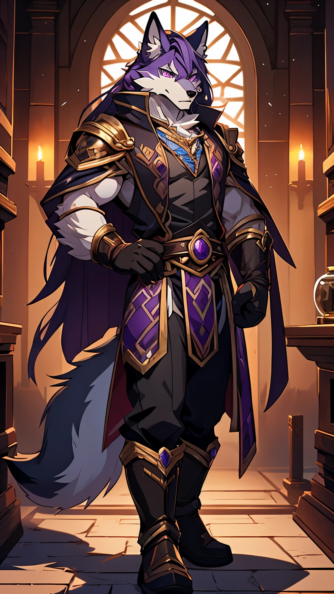 masterpiece，highest quality，dim potion room，individual，male，red wolf，purple eyes，gray long hair，Strong and lean body，magic academy，expression，Wear black gloves