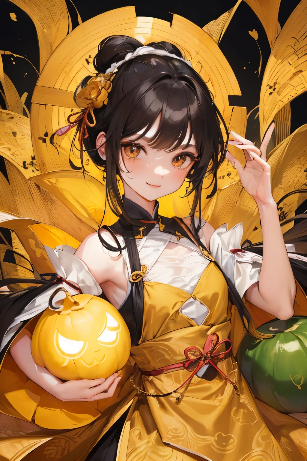 Draw a gourd doll in the authentic Chinese style, with intricately detailed textures and ultra-HD determination. The gourd doll is nestled amongst golden leaves, adding to the warm and captivating visual treat. Its porous surface is illuminated by the playful dancing of fireflies in the twilight, further enhancing the sense of tranquility and harmony.
The gourd doll's face exudes a gentle and wise expression, with precise brushstrokes carefully defining its wrinkles and deep lines. Its small, almond-shaped eyes are surrounded by long, dark lashes, perfectly framing its warm and inviting smile. The delicate white ribbons