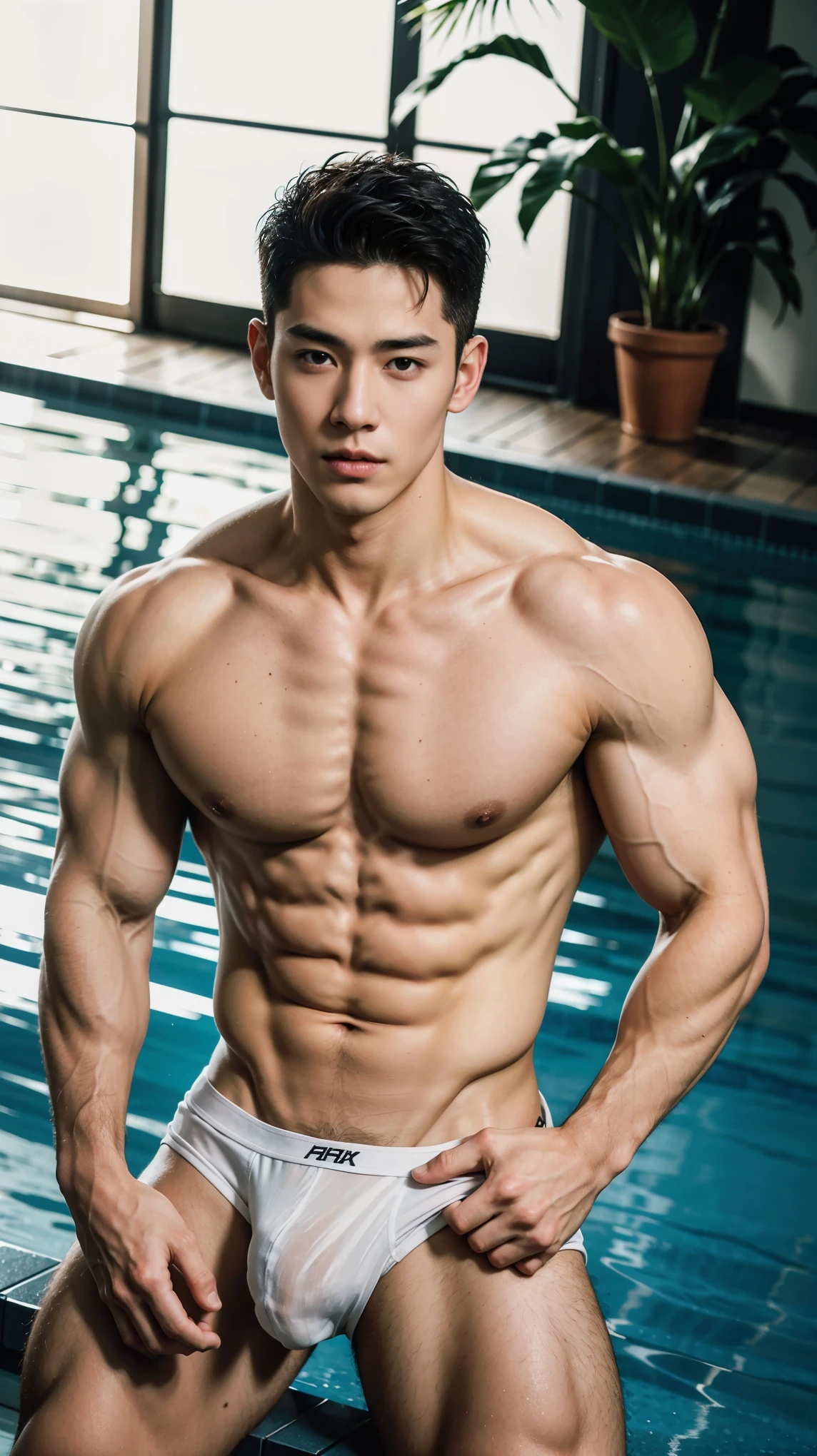 arafed 2 boys in a wet and transparent micro white hip boxer micro brief, Full Body Shoot, Quiff haircut, look at camera, detailed facial parts, Manly, Bad Boy, Pool background, y Pose, manaice, perfect anatomy, symmetric body, asian boy 25 years old, shirtless :: high detail, asian, sex little six packs attractive body, realistic, Short Hairstyle, handsome chad chin, shirtless, handsome, attractive, sexy boy,bic hair, masculine, sexually att(eyes contact), Gay, Handsome, Attractive, big bulge in hip brief, gay couple embrace each other