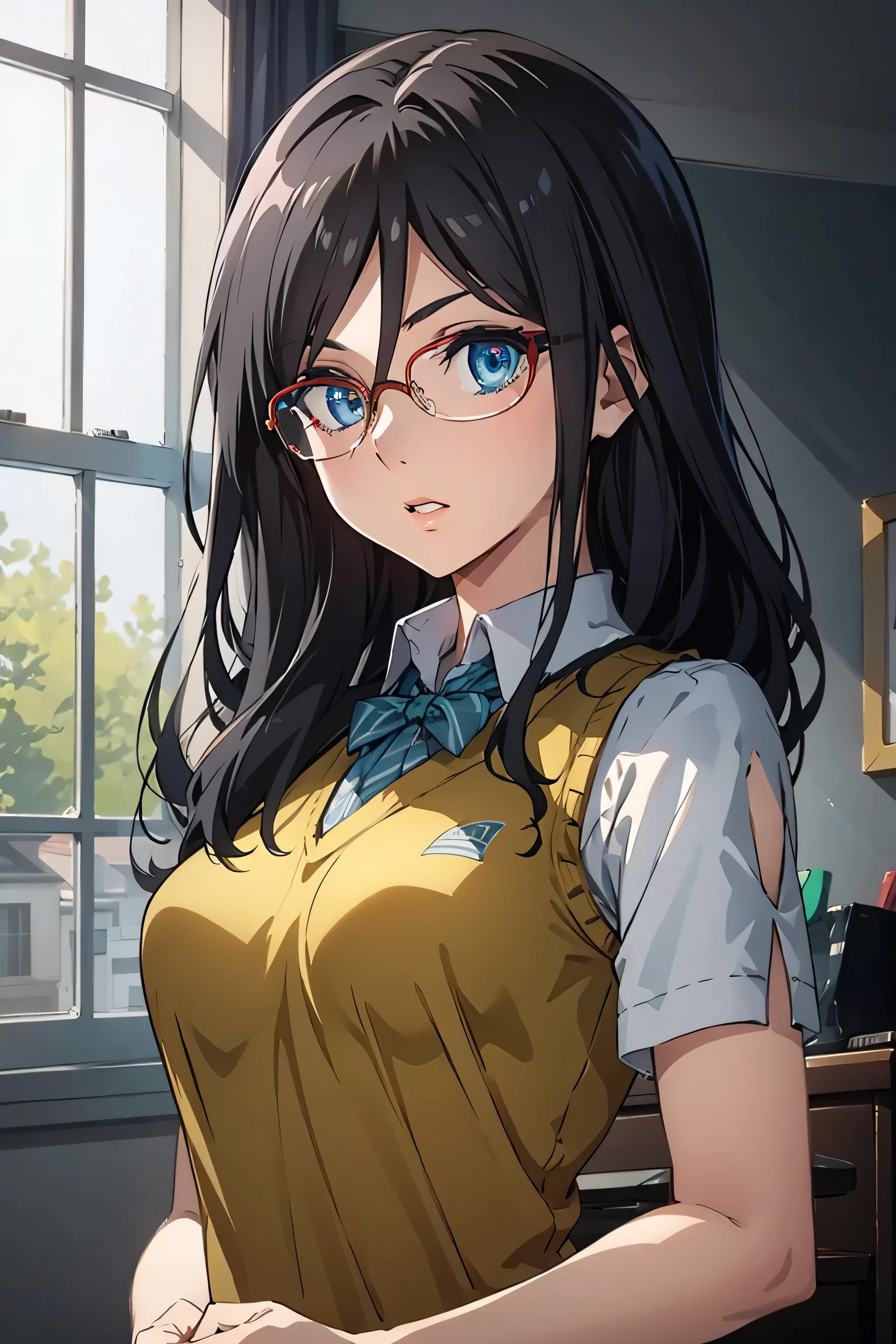 Anime girl with glasses and a yellow dress standing in front of a ...