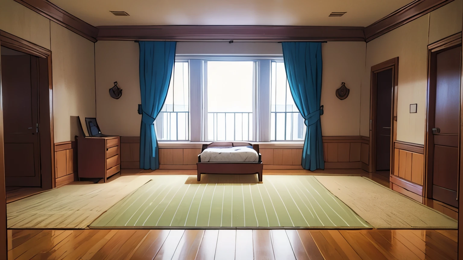 Vintage 90's anime style, background drawing, room, one window behind, royal decoration, no character, no mattress, wallpaper stripes, front view