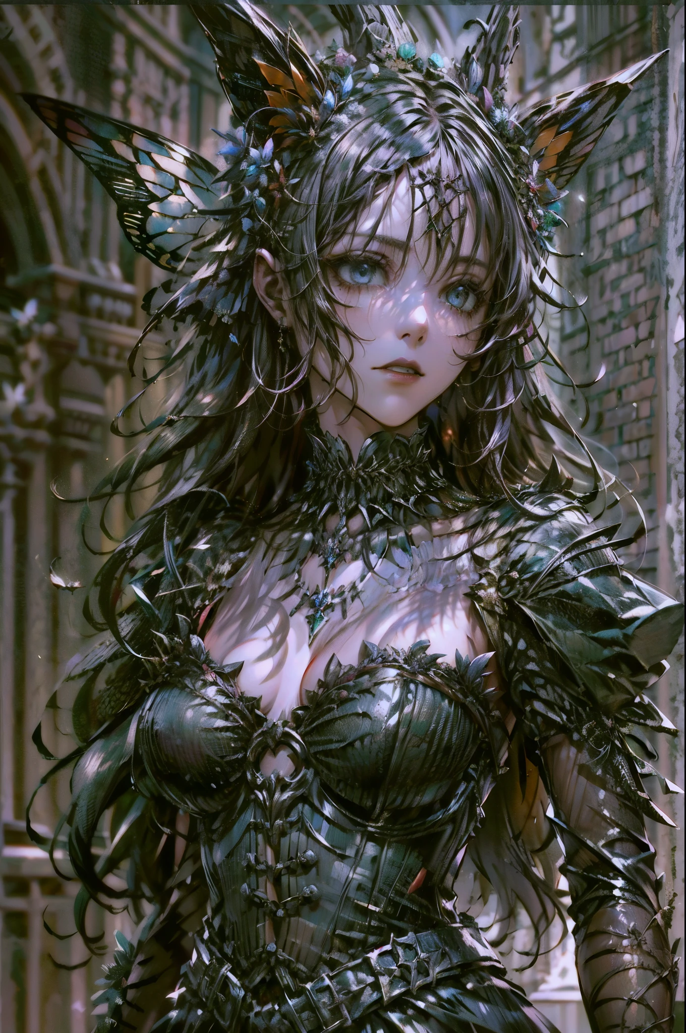 high details, best quality, 16k, RAW, [best detailed], masterpiece, best quality, (extremely detailed), full body, ultra wide shot, photorealistic, dark fantasy art, goth art, RPG art, D&D art, a picture of a dark female fairy in a goth church extremely beautiful fairy, ultra feminine (intense details, Masterpiece, best quality), best detailed face (intense details, Masterpiece, best quality), having wide butterfly wings, spread butterfly wings (intense details, Masterpiece, best quality), dark colors wings (intense details, Masterpiece, best quality), black hair, long hair, shinning hair, flowing hair, dark smile, wicked smile, blue eyes, dark red lips, wearing [red] dress latex corset (intense details, Masterpiece, best quality), dynamic elegant dress bondage gear, chocker, wearing high heels, (intense details, Masterpiece, best quality) a dark goth era street background, dim light, cinematic light, gaslight lamp light, High Detail, Ultra High Quality, High Resolution, 16K Resolution, Ultra HD Pictures, 3D rendering Ultra Realistic, Clear Details, Realistic Detail, Ultra High Definition hihelz