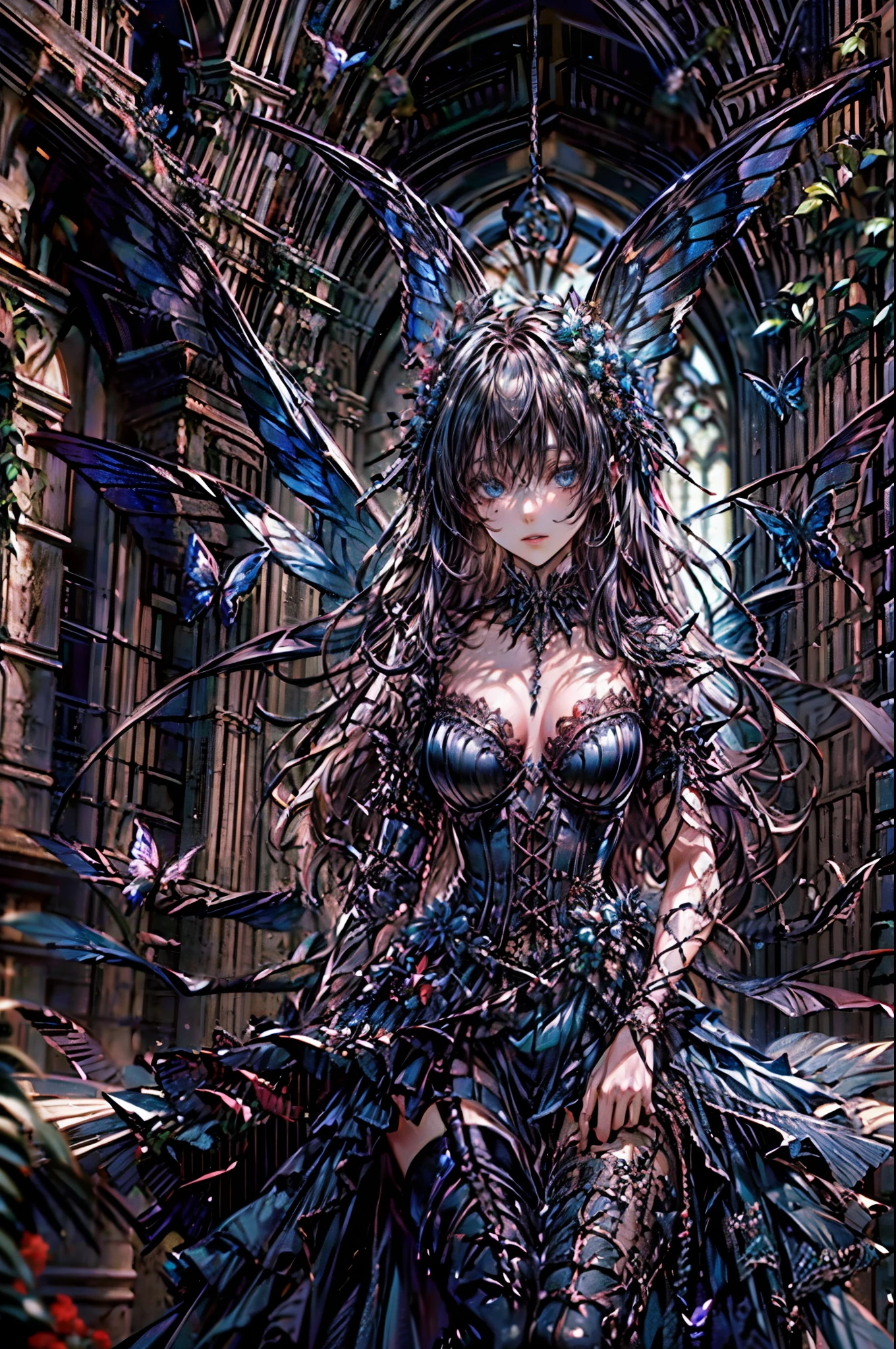 high details, best quality, 16k, RAW, [best detailed], masterpiece, best quality, (extremely detailed), full body, ultra wide shot, photorealistic, dark fantasy art, goth art, RPG art, D&D art, a picture of a dark female fairy in a goth church extremely beautiful fairy, ultra feminine (intense details, Masterpiece, best quality), best detailed face (intense details, Masterpiece, best quality), having wide butterfly wings, spread butterfly wings (intense details, Masterpiece, best quality), dark colors wings (intense details, Masterpiece, best quality), black hair, long hair, shinning hair, flowing hair, dark smile, wicked smile, blue eyes, dark red lips, wearing [red] dress latex corset (intense details, Masterpiece, best quality), dynamic elegant dress bondage gear, chocker, wearing high heels, (intense details, Masterpiece, best quality) a dark goth era street background, dim light, cinematic light, gaslight lamp light, High Detail, Ultra High Quality, High Resolution, 16K Resolution, Ultra HD Pictures, 3D rendering Ultra Realistic, Clear Details, Realistic Detail, Ultra High Definition hihelz