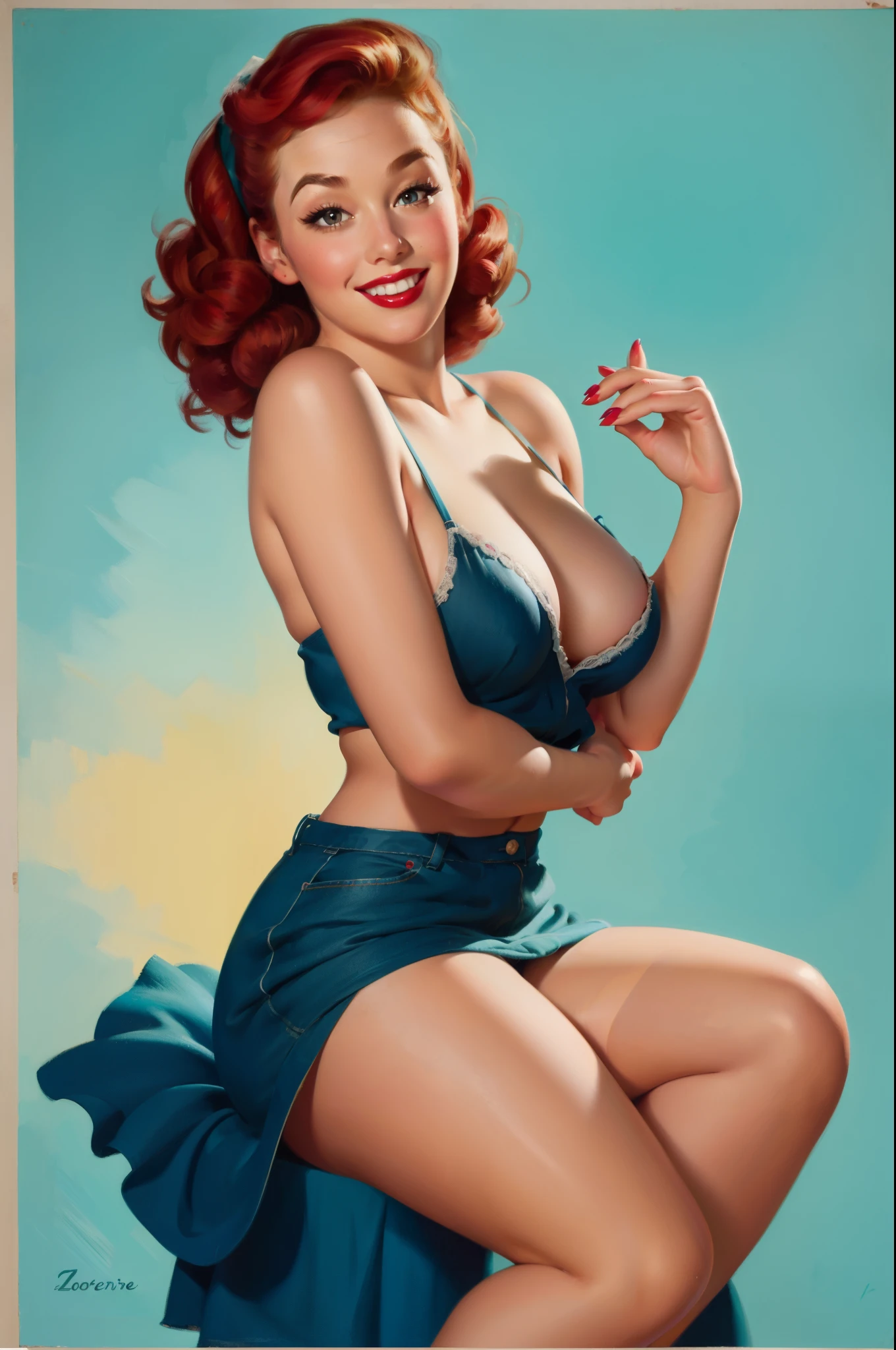 20 years old Girl sitting on fance of the farm, No Bra, No Panties, medium breast, shining skin, dramatic lighting, pin up style, sexy, surprised, , colorful , masterpieces, illustrated, shining skin, detailed face, Medium breast. tight body. red hair, Illustrated BY Zoe Mozert,   pinup art byZoe Mozert,  vintage pin up, illustrated by Zoe Mozert, girl pinup, pinup girl, pin-up poster girl, pin up girl, pinup, pin - up girl, Detailed face, Detailed Hands, Detailed legs,