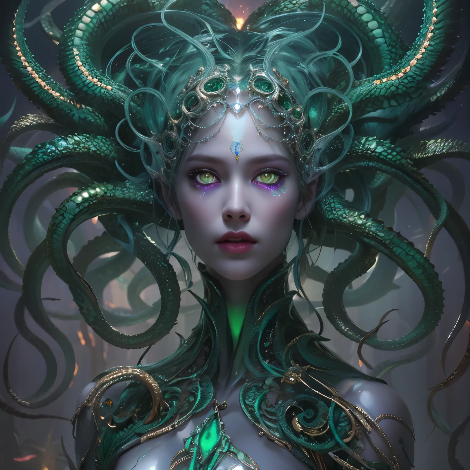 (1 female medusa-like mutant: 1.2), With a beautiful, enchanting face, this alien seduces us with her allure. Her captivating red eyes gleam brightly, reminiscent of burning embers. Her full body is unlike any human's, boasting a sexy, otherworldly form. No humans are present in this scene as she stands alone, her cells fused in a unique and intriguing extraterrestrial way.
(extraordinary beautiful nude photo:1.4), (glowing emerald eyes:1.5), (sexy and glamorous:1.1), (coquettish expression:1.2), toned lean body, (muscular:1.2), (beautiful abs:1.5), beautiful nipples, She has lots of iridescent translucent tentacles instead of her hair, pale skin, (white skin with prominent veins:1.3),
Lots of iridescent translucent tentacles adorn her body, shimmering under the dramatic lighting. Her pale skin, with a hint of translucency, adds to her ethereal allure. This masterpiece, rendered in, (There is a female genital-like organ in the middle of the forehead:1.6),