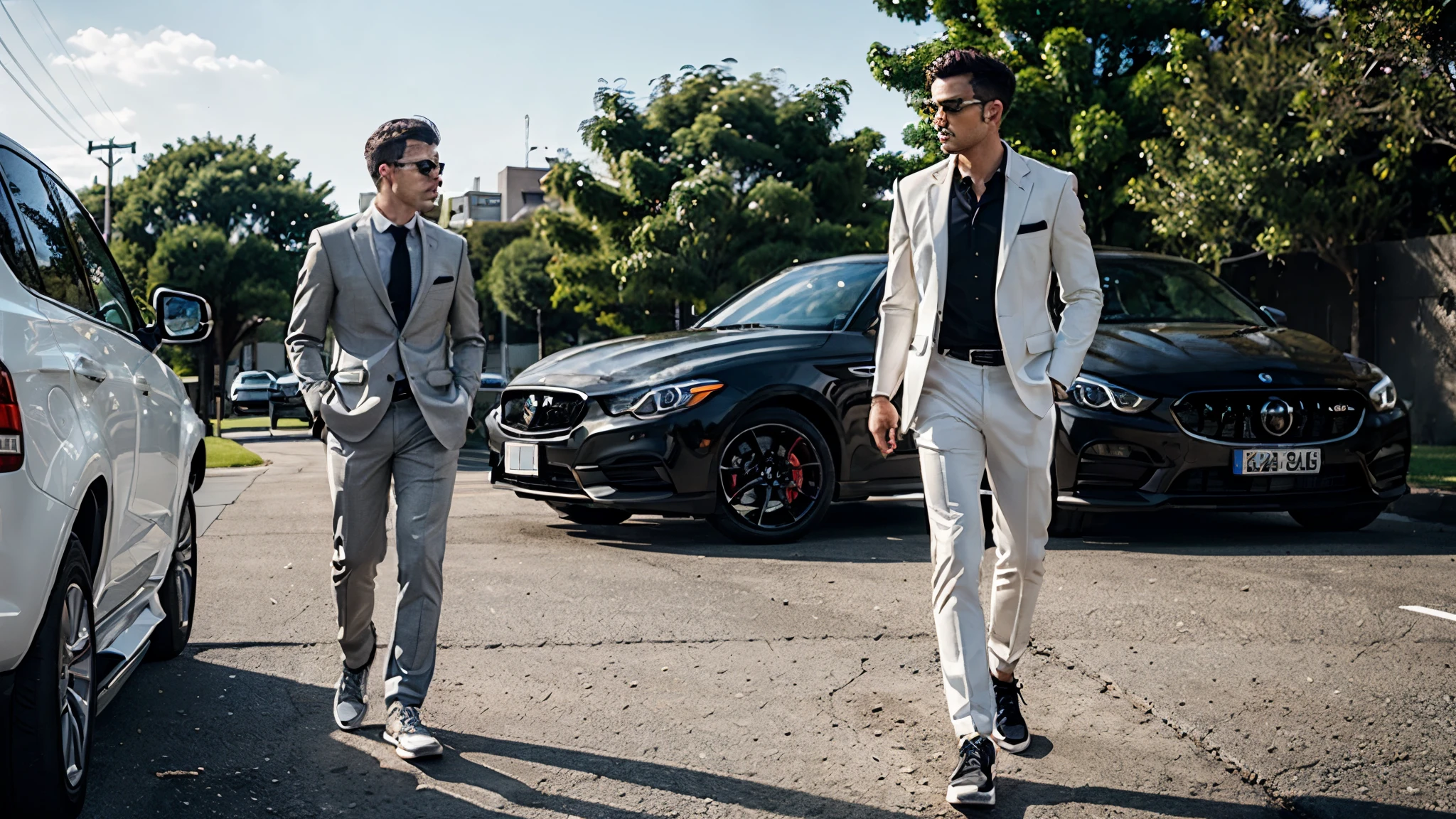 white slim man walking towards in suit, sport car, black short hair, iPhone like, nice eyelook