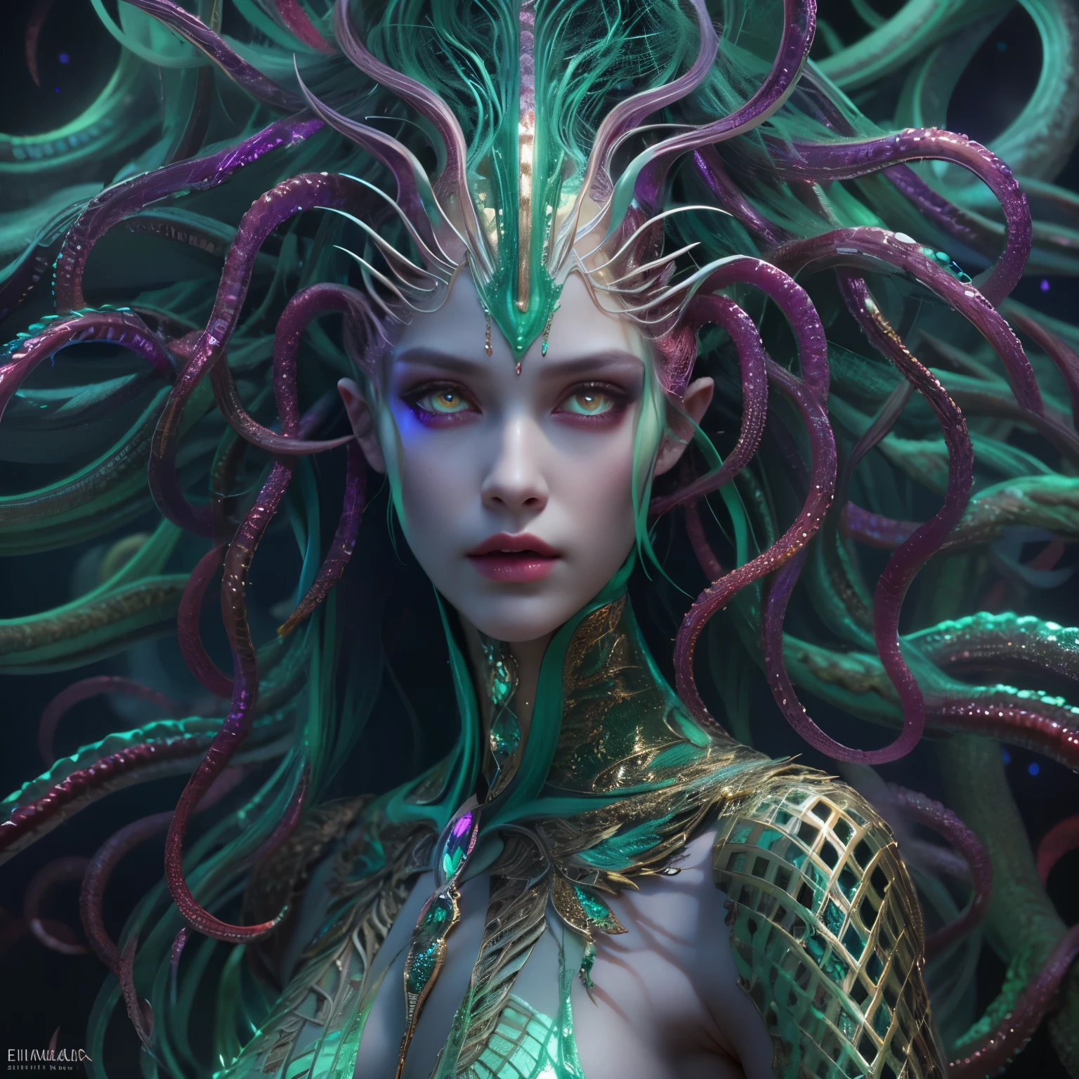 (1 female medusa-like mutant: 1.2), With a beautiful, enchanting face, this alien seduces us with her allure. Her captivating red eyes gleam brightly, reminiscent of burning embers. Her full body is unlike any human's, boasting a sexy, otherworldly form. No humans are present in this scene as she stands alone, her cells fused in a unique and intriguing extraterrestrial way.
(extraordinary beautiful nude photo:1.4), (glowing emerald eyes:1.5), (sexy and glamorous:1.1), (coquettish expression:1.2), toned lean body, (muscular:1.2), (beautiful abs:1.5), beautiful nipples, She has lots of iridescent translucent tentacles instead of her hair, pale skin, (white skin with prominent veins:1.3),
Lots of iridescent translucent tentacles adorn her body, shimmering under the dramatic lighting. Her pale skin, with a hint of translucency, adds to her ethereal allure. This masterpiece, rendered in, (There is a female genital-like organ in the middle of the forehead:1.6),