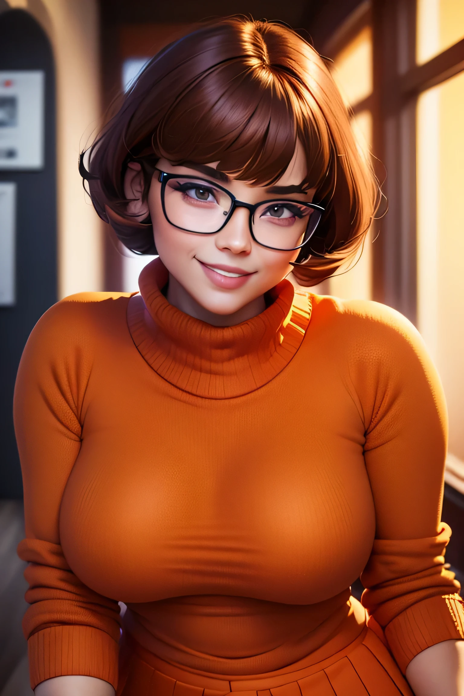 masterpiece, depth of field, photorealistic, absurdres, best quality, 8k, best quality, 1girl, female, young, portrait, perfect lighting, cinematic lighting, looking at viewer, velma dace dinkley, (perfect body), solo, blush, breasts, brown eyes, (dark brown hair:1.2), glasses, medium breasts, lips, looking at viewer, nose, orange shirt, (orange sweater:1.2), short hair, smile, sweater, (turtleneck:1.2), turtleneck sweater, red skirt, orange socks, (tight clothing), portrait, school, (day:1.2), school hallway, smile, depth of field, happy, magnificant glass