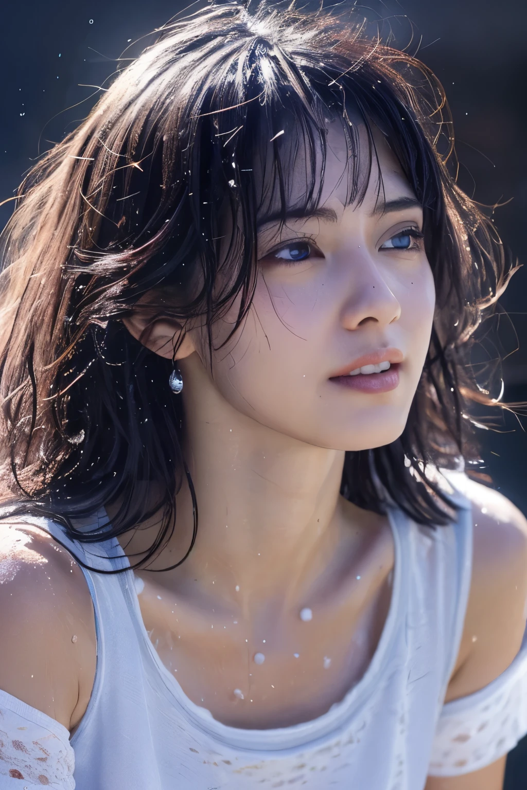 (masterpiece:1.2), ultra detailed, (realistic, photo realistic:1.37), high detail RAW color photo, professional photograph, an extremely delicate and beautiful, extremely detailed, finely detail, extremely detailed beautiful aged 20 mixed (dilraba dilmurat : 0.4)-(alexandra daddario : 0.4)-(russian-arab-japanese)-heritage))) girl, extremely detailed face, extremely detailed eyes, extremely detailed skin, extremely detailed nose, extremely detailed mouth, perfect anatomy, blue shaded purple hair, shortcut hair, (gyaru:1.2), Dynamic lighting, (see-through shirtidriff peek:1.1), (sweaty:1.4), (black background), (wet hair:1.3), (wet skin:1.3), (full body), (water drops:1.1), (nsfw:1.2)