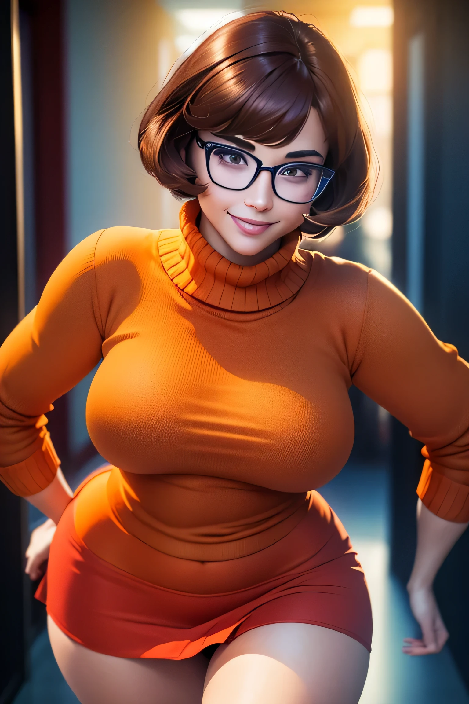 masterpiece, depth of field, photorealistic, absurdres, best quality, 8k, best quality, 1girl, female, young, portrait, perfect lighting, cinematic lighting, looking at viewer, velma dace dinkley, (perfect body), solo, blush, breasts, brown eyes, (dark brown hair:1.2), glasses, medium breasts, lips, looking at viewer, nose, orange shirt, (orange sweater:1.2), short hair, smile, sweater, (turtleneck:1.2), turtleneck sweater, red skirt, orange socks, (tight clothing), portrait, school, (day:1.2), school hallway, smile, depth of field, happy, magnificant glass