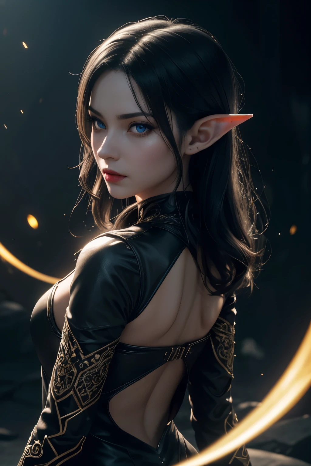 portrait of female elf, witch, black formal dress, pale skin, black hair, red lips, perfect blue eyes, a dark witch, ultra detailed, perfect eyes, eyes detailed, Shot on 25mm lens, Depth of Field, Tilt Blur, Shutter Speed 1/1000, F/22, White Balance, 32k, Super-Resolution, Pro Photo RGB, Half rear Lighting, Backlight, Dramatic Lighting, Incandescent, Soft Lighting, Volumetric, Conte-Jour, Global Illumination, Screen Space Global Illumination, Scattering, Shadows, Rough, Shimmering, Lumen Reflections, Screen Space Reflections, Diffraction Grading, Chromatic Aberration, GB Displacement, Scan Lines, Ambient Occlusion, Anti-Aliasing, FKAA, TXAA, RTX, SSAO, OpenGL-Shader’s, Post Processing, Post-Production, Cell Shading, Tone Mapping, CGI, VFX, SFX, insanely detailed and intricate, hyper maximalist, elegant, dynamic pose, photography, volumetric, ultra-detailed, intricate details, super detailed,
