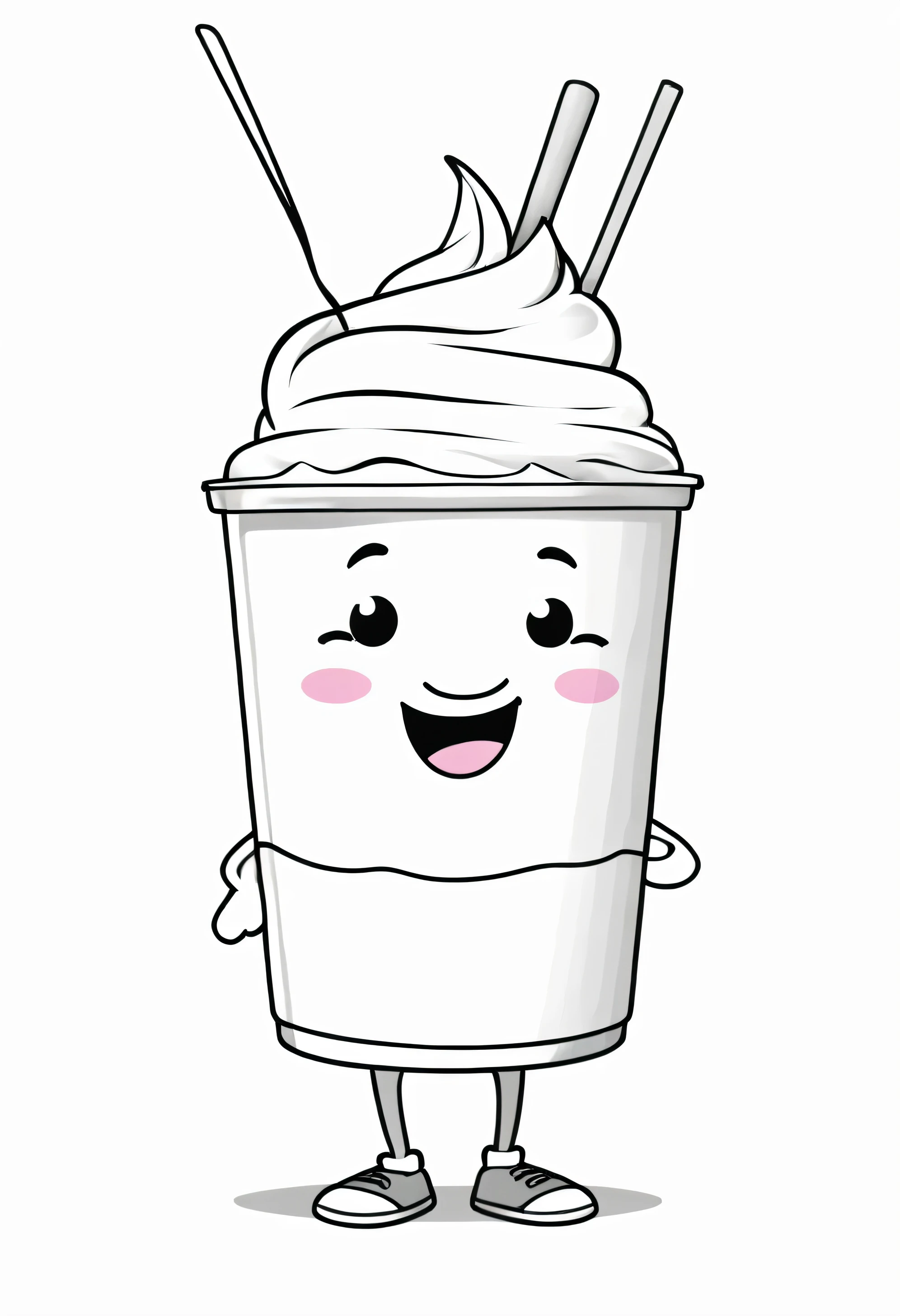 create a friendly Yogurt character with smiling face, outline art With white, White background, Sketch Style, full body, Only use outline, Cartoon style, Clean and clear and well outlined, Ensure the Yogurt has smooth And inviting appearance, And keep the design Minimalistic For easy coloring. The goal is To make it appealing And approachable For children aged 2 to 5 In the middle of their Artistic journey, Made it black and white