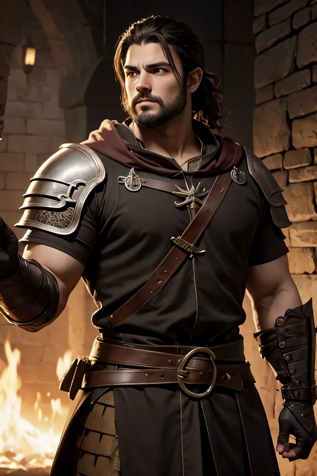 medieval, 30 years male, strong man, clear skin, (dark brown hair, short hair, wavy hair, short ponytail), goatee short beard, (brown eyes, wisdom look, thick eyebrows), horseman, knight, swordsman, leather cloathes, gloves, rpg character, lord of the rings style, dungeons and dragons style, torso and head image