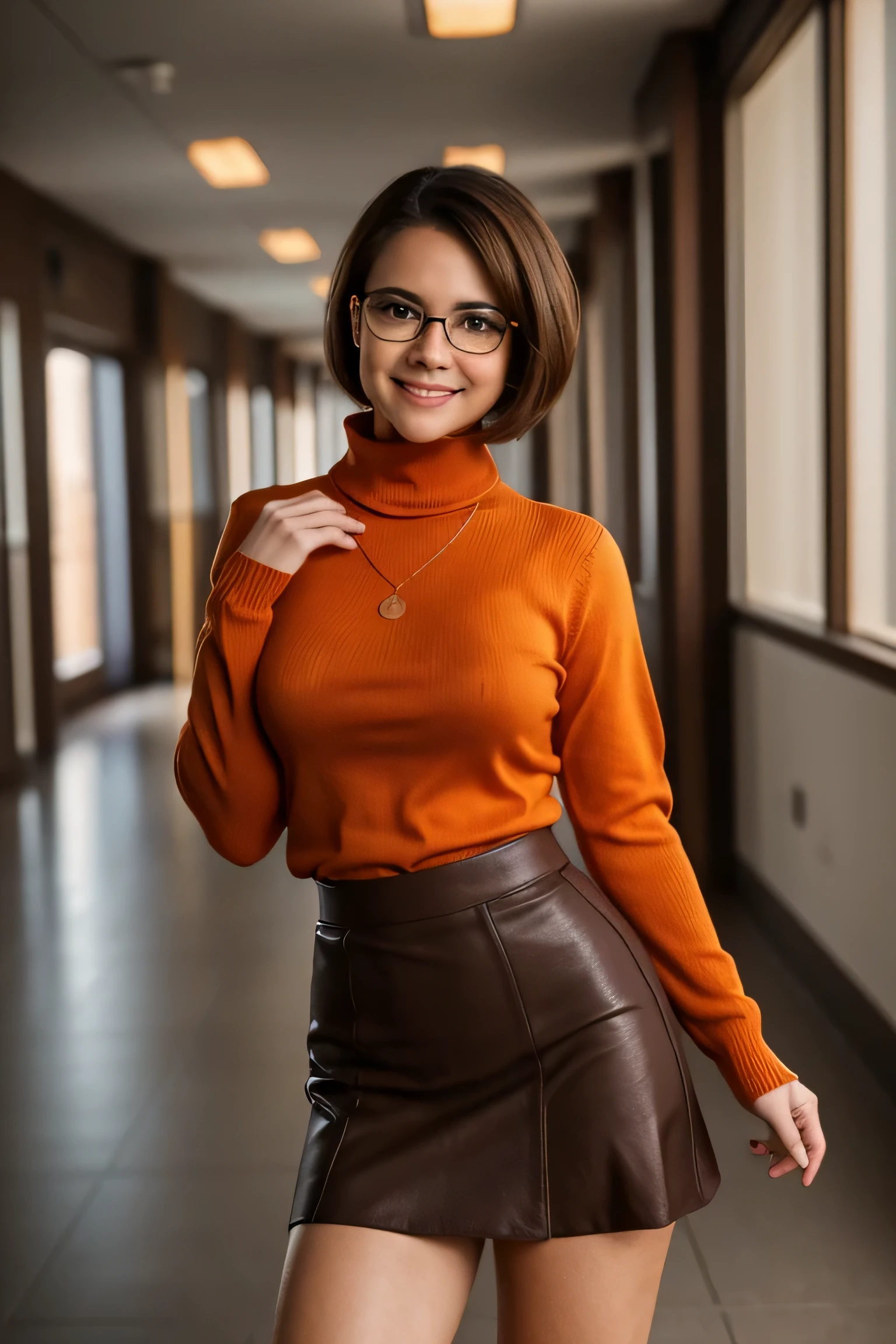 masterpiece, depth of field, photorealistic, absurdres, best quality, 8k, best quality, 1girl, female, young, portrait, perfect lighting, cinematic lighting, looking at viewer, velma dace dinkley, (perfect body), solo, blush, breasts, brown eyes, (dark brown hair:1.2), glasses, medium breasts, lips, looking at viewer, nose, orange shirt, (orange sweater:1.2), short hair, smile, sweater, (turtleneck:1.2), turtleneck sweater, red skirt, orange socks, (tight clothing), portrait, school, (day:1.2), school hallway, smile, depth of field, happy, magnificant glass, red tight pleated skirt