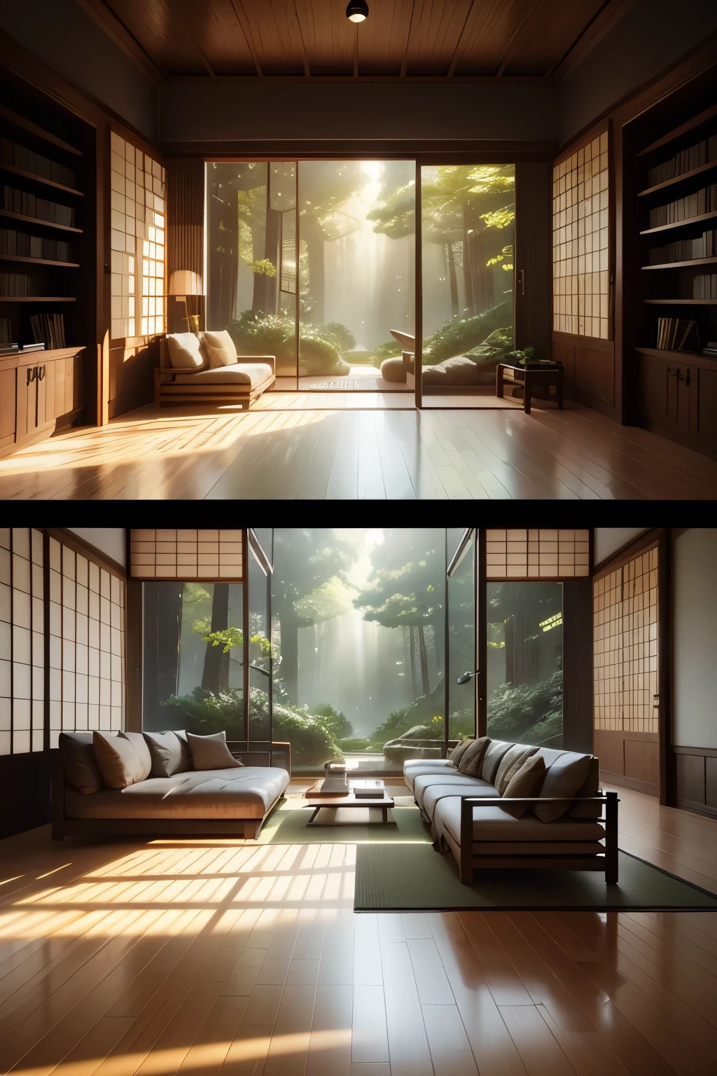 At night, the modern living room is bathed in a subtle luminosity, the fireplace casting a warm and inviting glow. Bookshelves line the walls, their glazed surfaces reflecting the soft light, while cabinets filled with knick-knacks and plants add to the organic and naturalistic compositions. Two large couches face each other, inviting relaxation and contemplation. The large windows, with their meticulously detailed frames, allow a glimpse into the lush, Japanese-inspired forest beyond. The image is rendered in the style of VRay Tracing, with its high-resolution 2K texture providing a level of intricacy that is truly captivating, imbued with