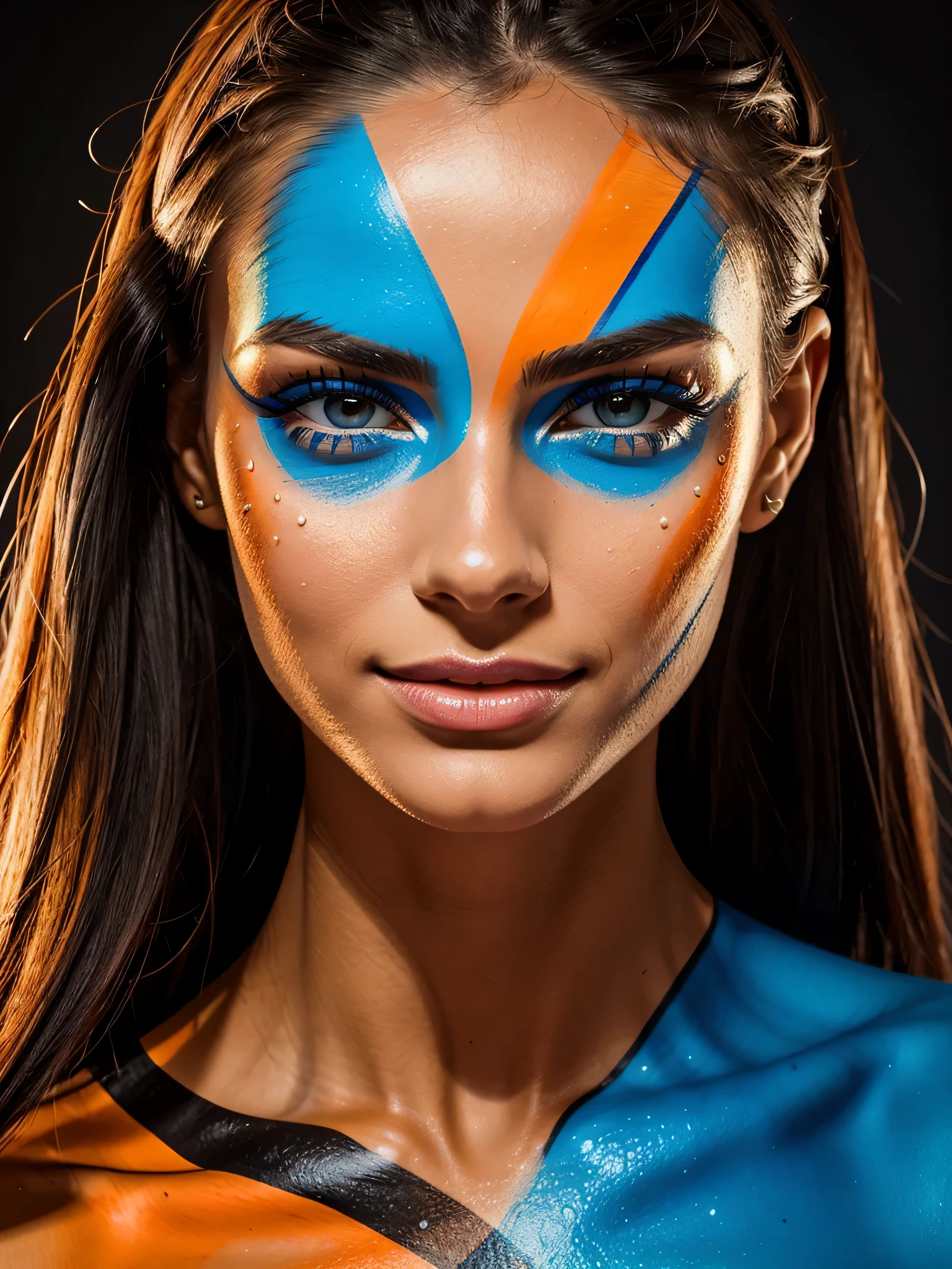 A woman with her face painted in different colors, in the style of intense lighting and shadow, bold graphic lines, color stripes, polished metamorphosis, orange and blue, colorful makeup, skillful lighting, precision painting, young cute gorgeous slim tiny girl, long wet hair, Mix of Swedish and Venezuelan origins, athletic well toned slim and muscular nude body, gorgeous face, perfect face, perfect eyes, slim lips, unique face, detailed face, slim sweating model body, very slim sweaty model,  strong facial bones, [thigh gap::0.8], unique gorgeous face, thin girl muscular very little body fat, [flat chest::0.2], facing camera, naughty smile, predatory eyes, 