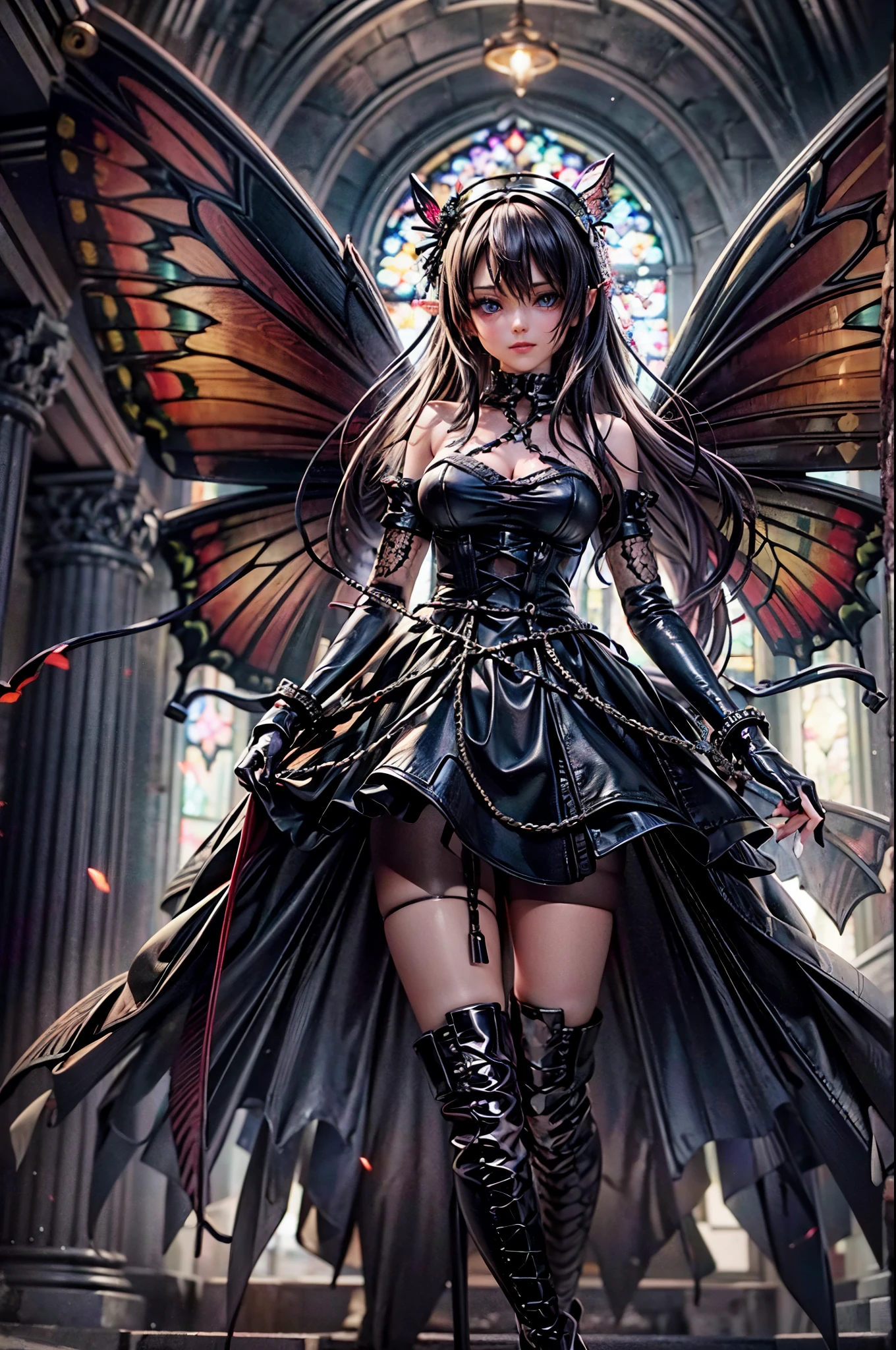 high details, best quality, 16k, RAW, [best detailed], masterpiece, best quality, (extremely detailed), full body, ultra wide shot, photorealistic, dark fantasy art, goth art, RPG art, D&D art, a picture of a dark female fairy in a goth church extremely beautiful fairy, ultra feminine (intense details, Masterpiece, best quality), best detailed face (intense details, Masterpiece, best quality), having wide butterfly wings, spread butterfly wings (intense details, Masterpiece, best quality), dark colors wings (intense details, Masterpiece, best quality), black hair, long hair, shinning hair, flowing hair, dark smile, wicked smile, blue eyes, dark red lips, wearing [red] dress latex corset (intense details, Masterpiece, best quality), dynamic elegant dress bondage gear, chocker, wearing high heels, (intense details, Masterpiece, best quality) a dark goth era street background, dim light, cinematic light, gaslight lamp light, High Detail, Ultra High Quality, High Resolution, 16K Resolution, Ultra HD Pictures, 3D rendering Ultra Realistic, Clear Details, Realistic Detail, Ultra High Definition hihelz