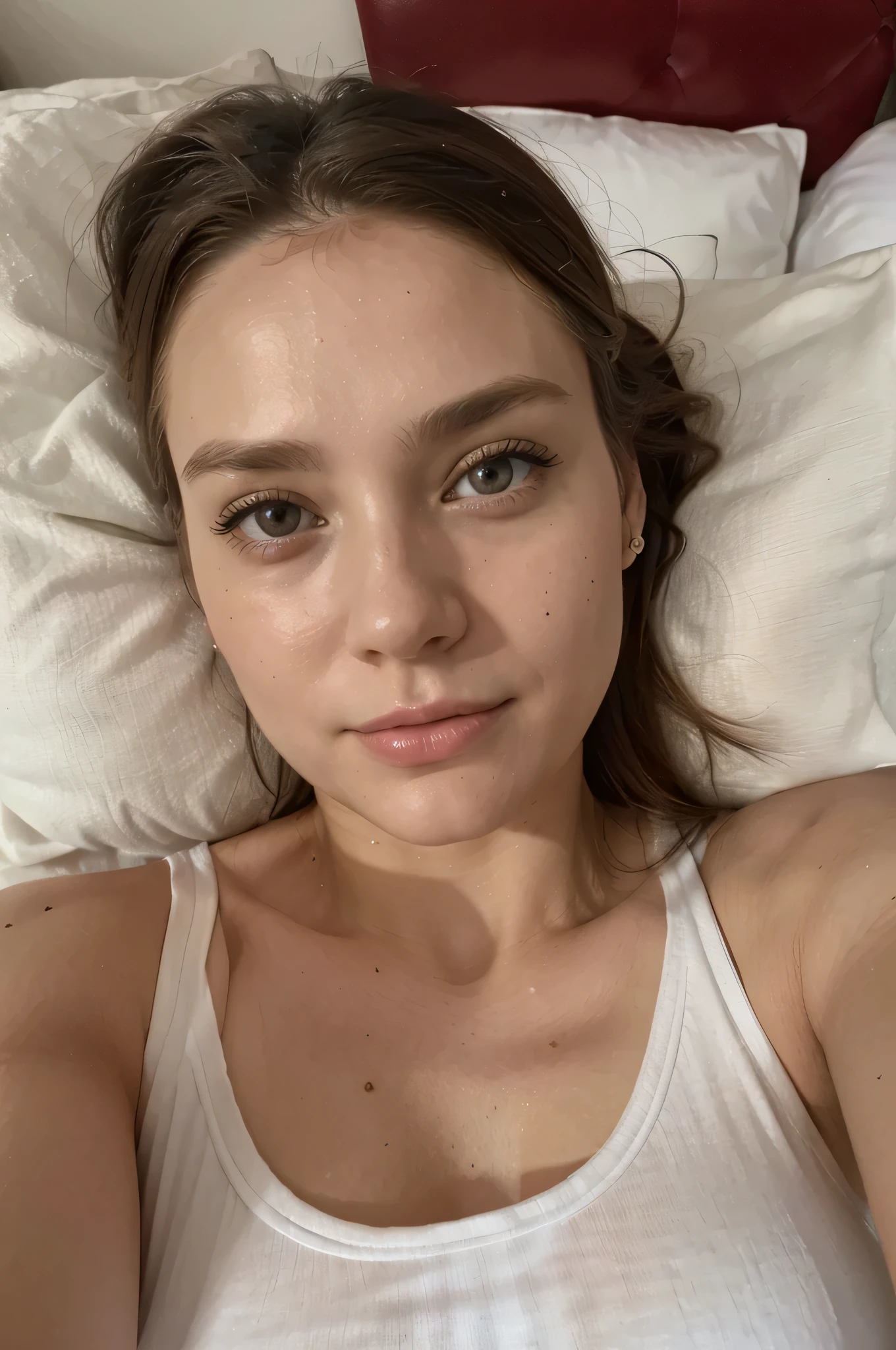 photography of a 20yo woman, perfect face, fully dressed, use the same face, masterpiece, same face, selfie style in bed, selfie, bed, very close, smiling, Lights on, laying in bed, head on pillow, late night setting