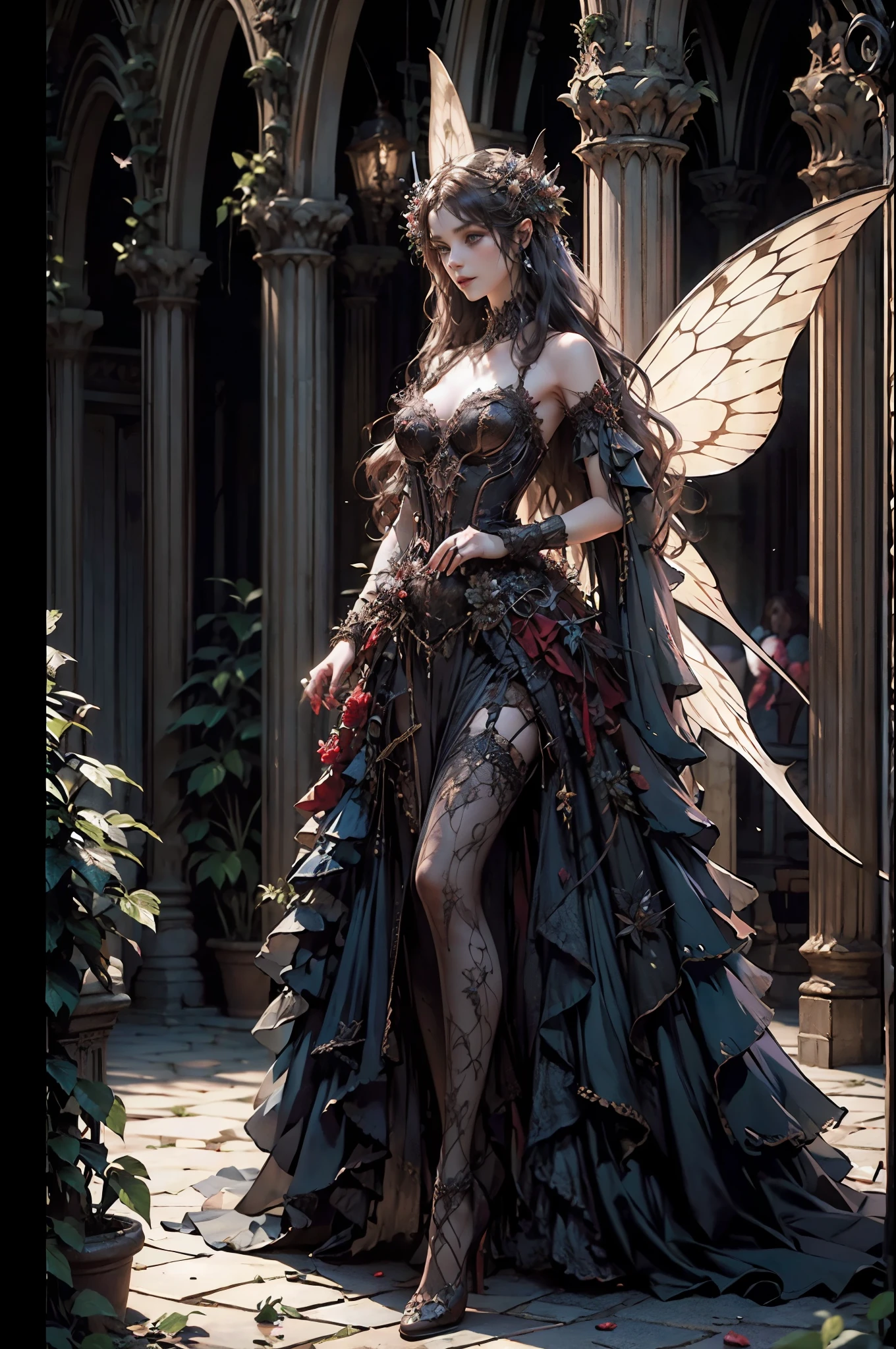 high details, best quality, 16k, RAW, [best detailed], masterpiece, best quality, (extremely detailed), full body, ultra wide shot, photorealistic, dark fantasy art, goth art, RPG art, D&D art, a picture of a dark female fairy in a goth church extremely beautiful fairy, ultra feminine (intense details, Masterpiece, best quality), best detailed face (intense details, Masterpiece, best quality), having wide butterfly wings, spread butterfly wings (intense details, Masterpiece, best quality), dark colors wings (intense details, Masterpiece, best quality), black hair, long hair, shinning hair, flowing hair, dark smile, wicked smile, blue eyes, dark red lips, wearing [red] dress latex corset (intense details, Masterpiece, best quality), dynamic elegant dress bondage gear, chocker, wearing high heels, (intense details, Masterpiece, best quality) a dark goth era street background, dim light, cinematic light, gaslight lamp light, High Detail, Ultra High Quality, High Resolution, 16K Resolution, Ultra HD Pictures, 3D rendering Ultra Realistic, Clear Details, Realistic Detail, Ultra High Definition hihelz