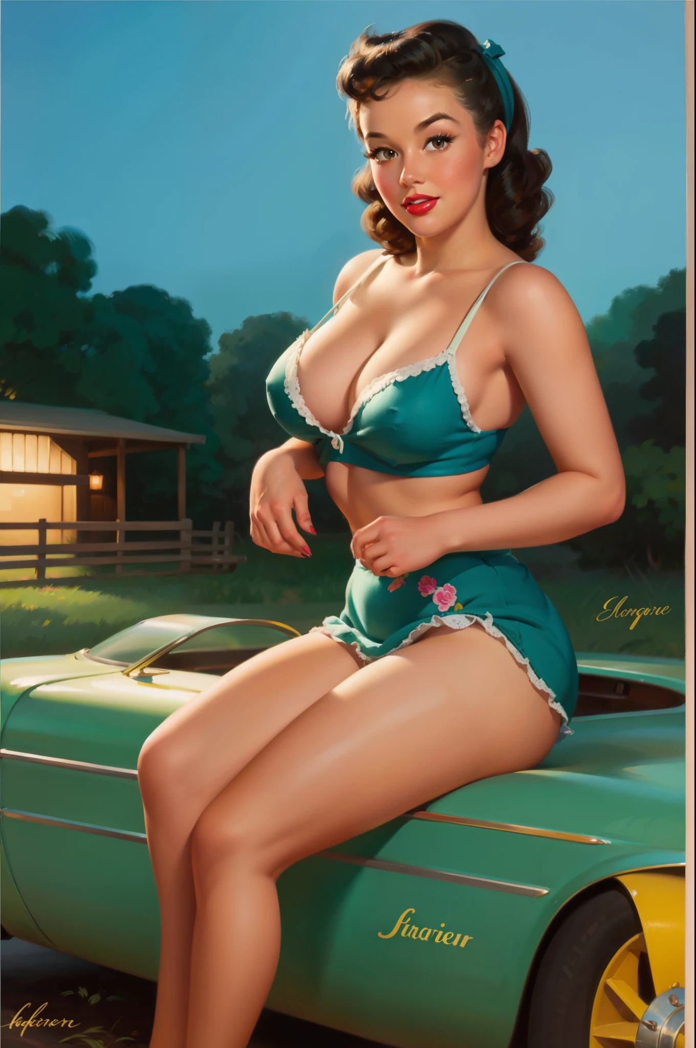 20 years old Girl sitting on fance of the farm, No Bra, No Panties, medium breast, shining skin, dramatic lighting, pin up style, sexy, surprised, , colorful , masterpieces, illustrated, shining skin, detailed face, Medium breast. tight body. Black hair, Illustrated BY Zoe Mozert, pinup art byZoe Mozert, vintage pin up, illustrated by Zoe Mozert, girl pinup, pinup girl, pin-up poster girl, pin up girl, pinup, pin - up girl, Detailed face, Detailed Hands, Detailed legs,