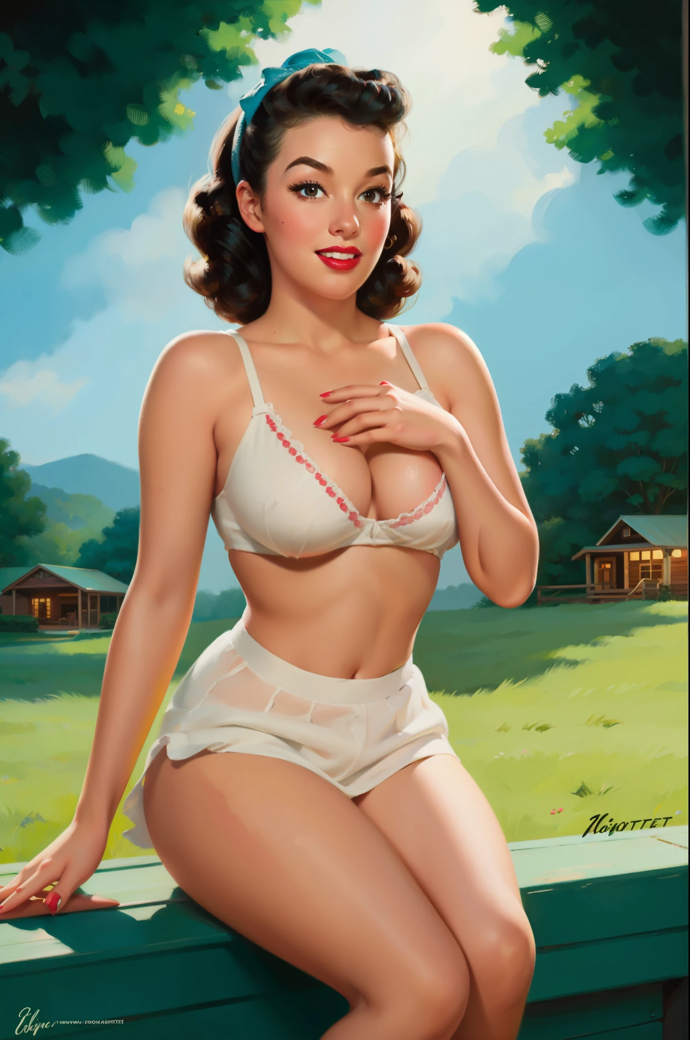 20 years old Girl sitting on fance of the farm, No Bra, No Panties, medium breast, shining skin, dramatic lighting, pin up style, sexy, surprised, , colorful , masterpieces, illustrated, shining skin, detailed face, Medium breast. tight body. Black hair, Illustrated BY Zoe Mozert,   pinup art byZoe Mozert,  vintage pin up, illustrated by Zoe Mozert, girl pinup, pinup girl, pin-up poster girl, pin up girl, pinup, pin - up girl, Detailed face, Detailed Hands, Detailed legs,