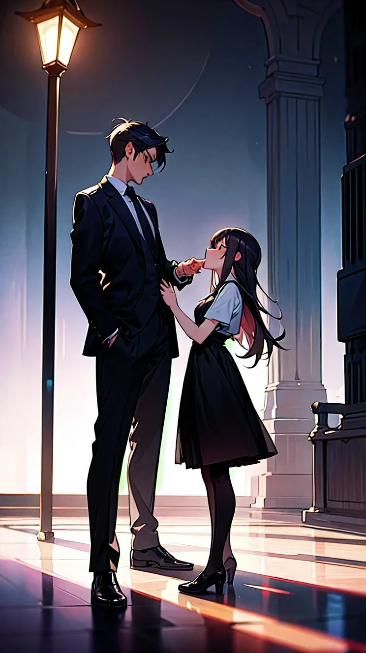 On a peaceful night,Under the street lights under high-rise buildings,There are two lovers,23 year old male, Height 170 cm, wearing black suit,23 year old female, Height 160 cm, Wear work clothes,Male hand lifts chin and stares deeply,The shadows behind them reflect their high school silhouettes
